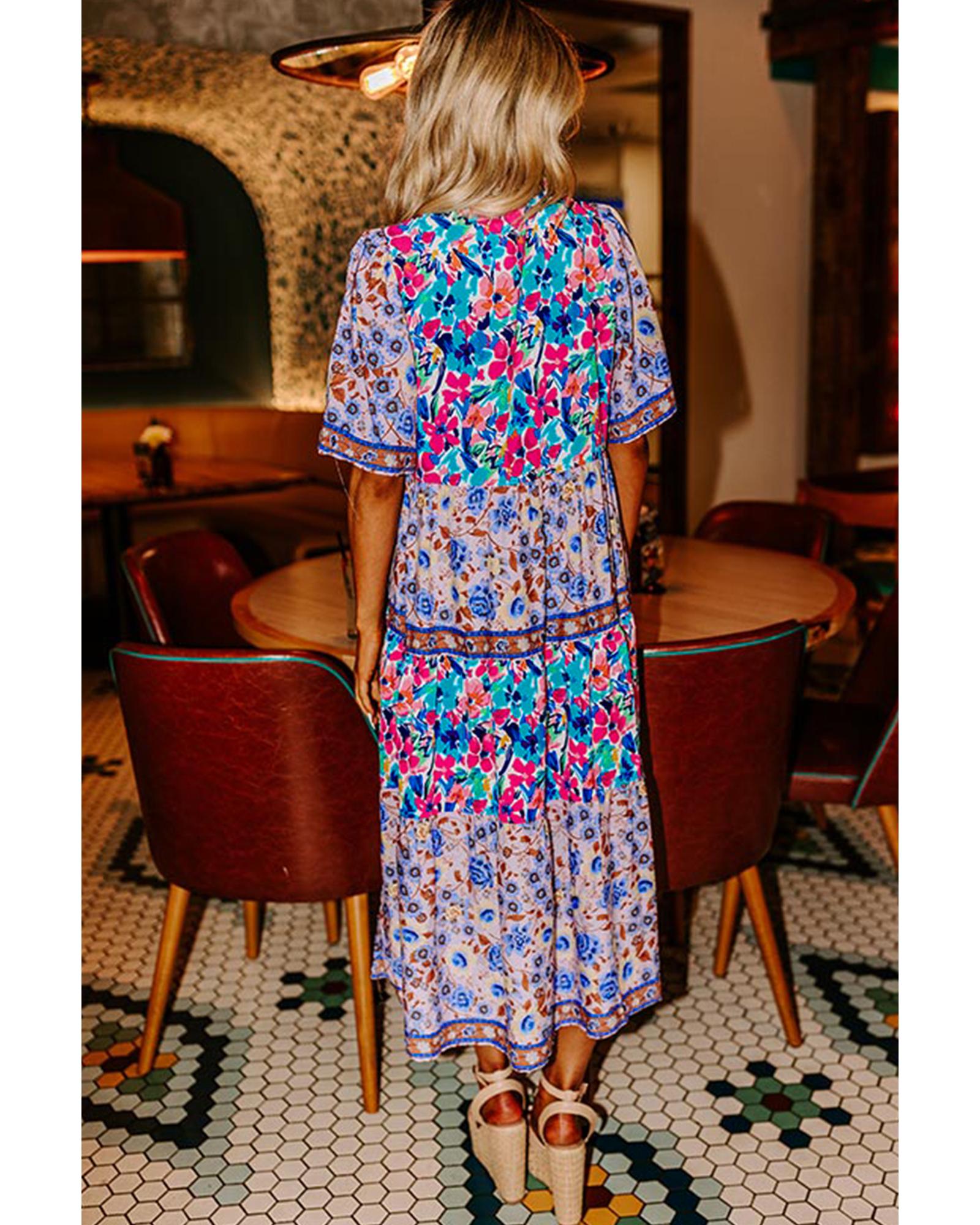 Sky Blue Mixed Floral Print Tie Split Neck Short Sleeve Dress - M