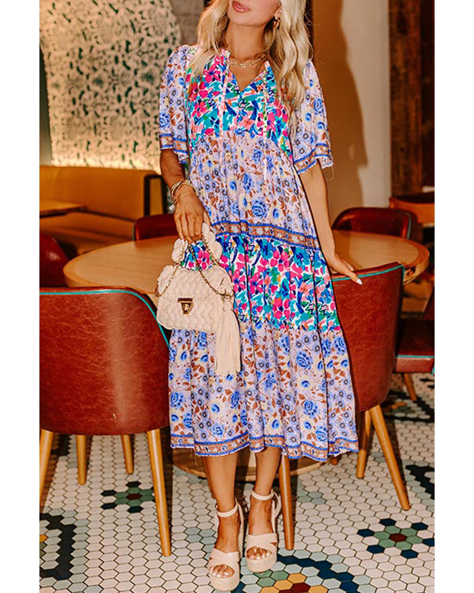 Sky Blue Mixed Floral Print Tie Split Neck Short Sleeve Dress - S