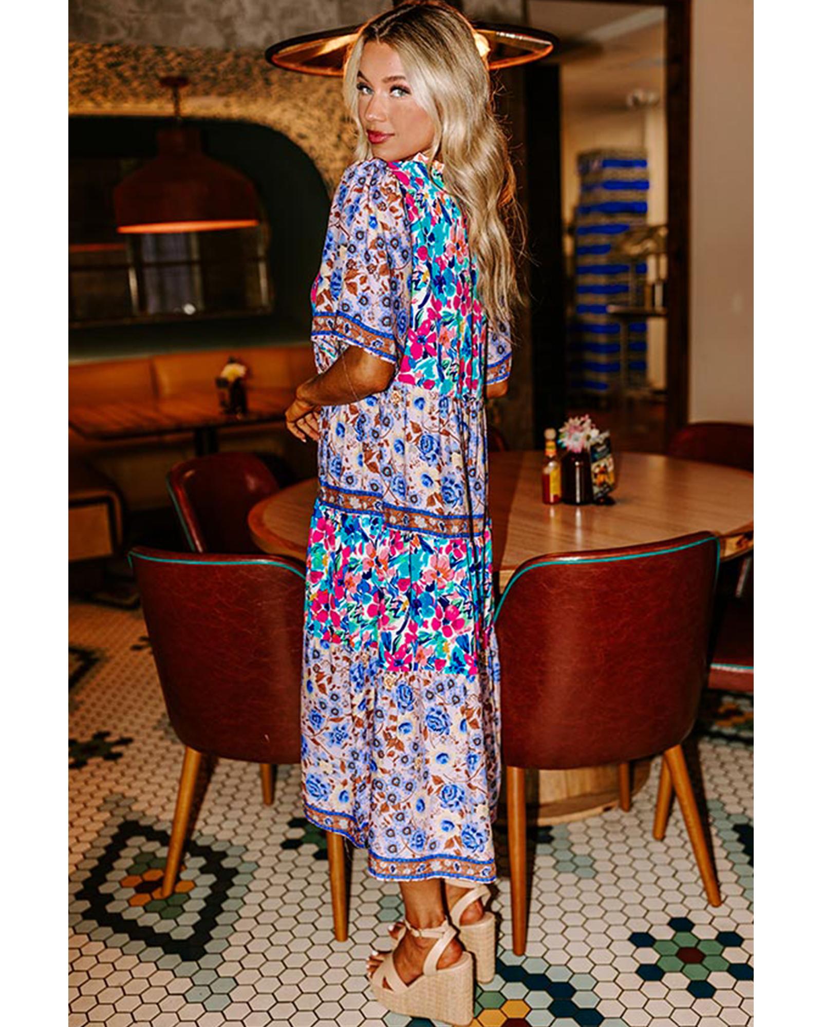 Sky Blue Mixed Floral Print Tie Split Neck Short Sleeve Dress - XL 3