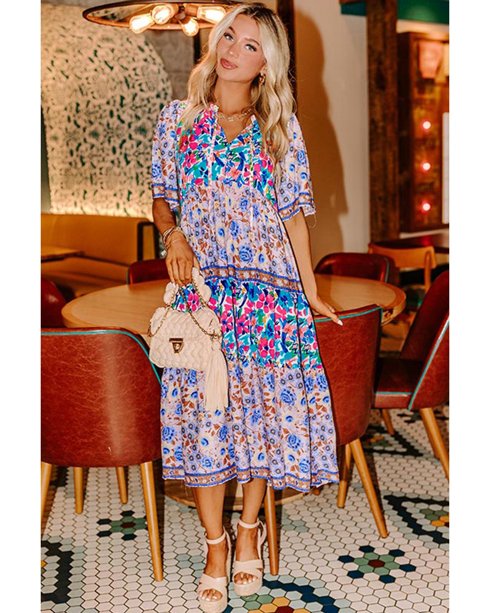 Sky Blue Mixed Floral Print Tie Split Neck Short Sleeve Dress - XL 6