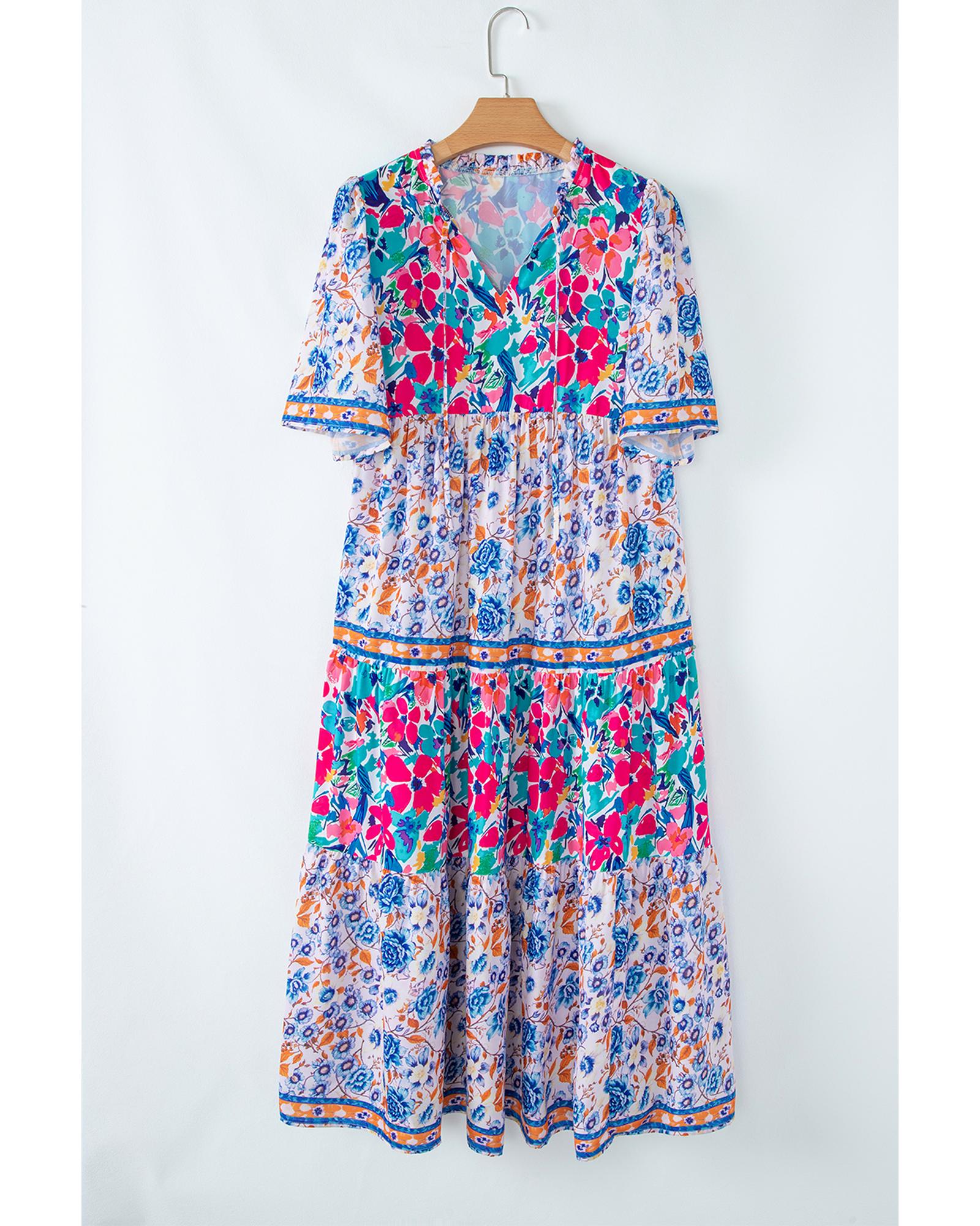Sky Blue Mixed Floral Print Tie Split Neck Short Sleeve Dress - XL 8