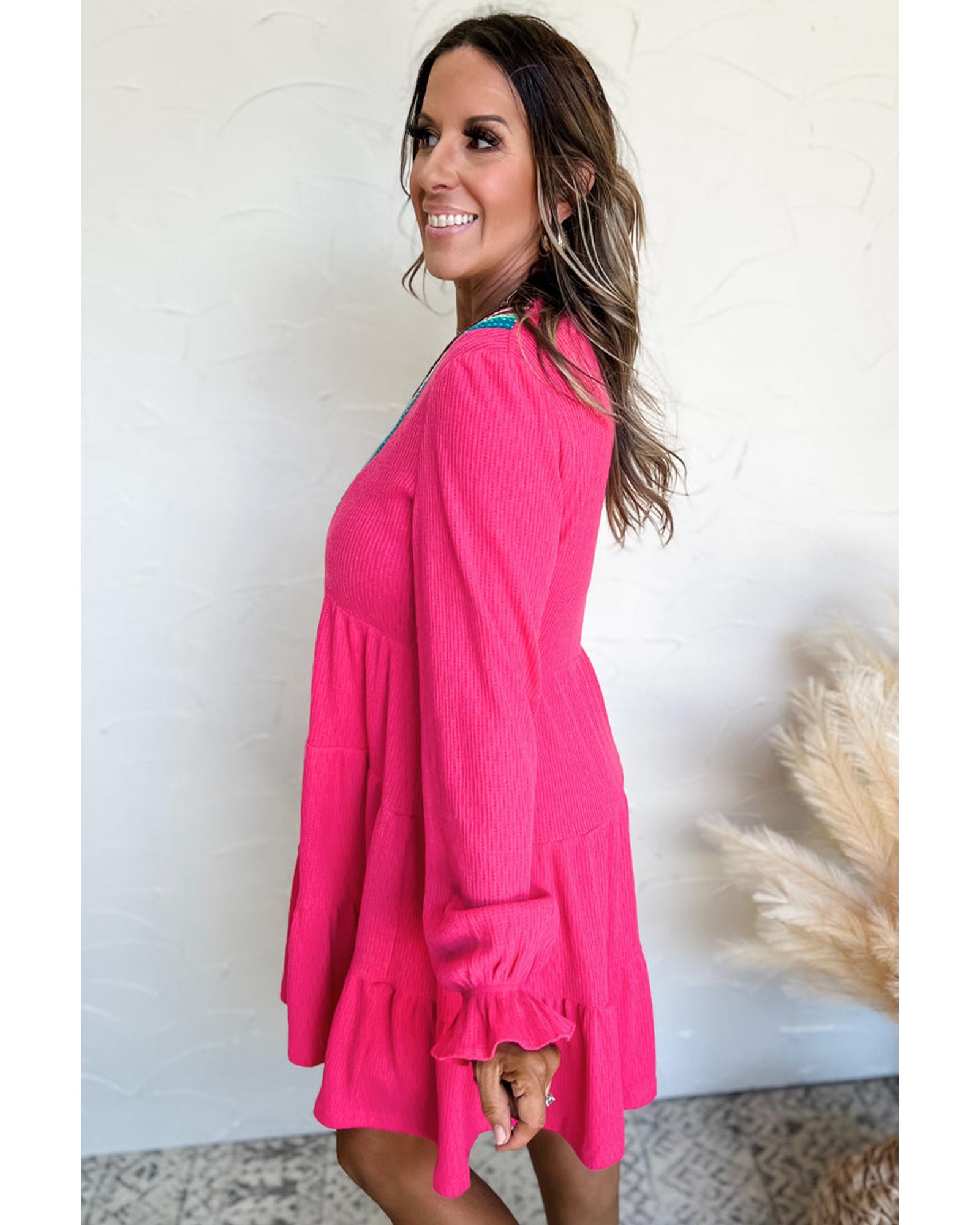 Rose Red Colorful Crochet V Neck Textured Tiered Ruffled Long Sleeve Mini Dress - L 3