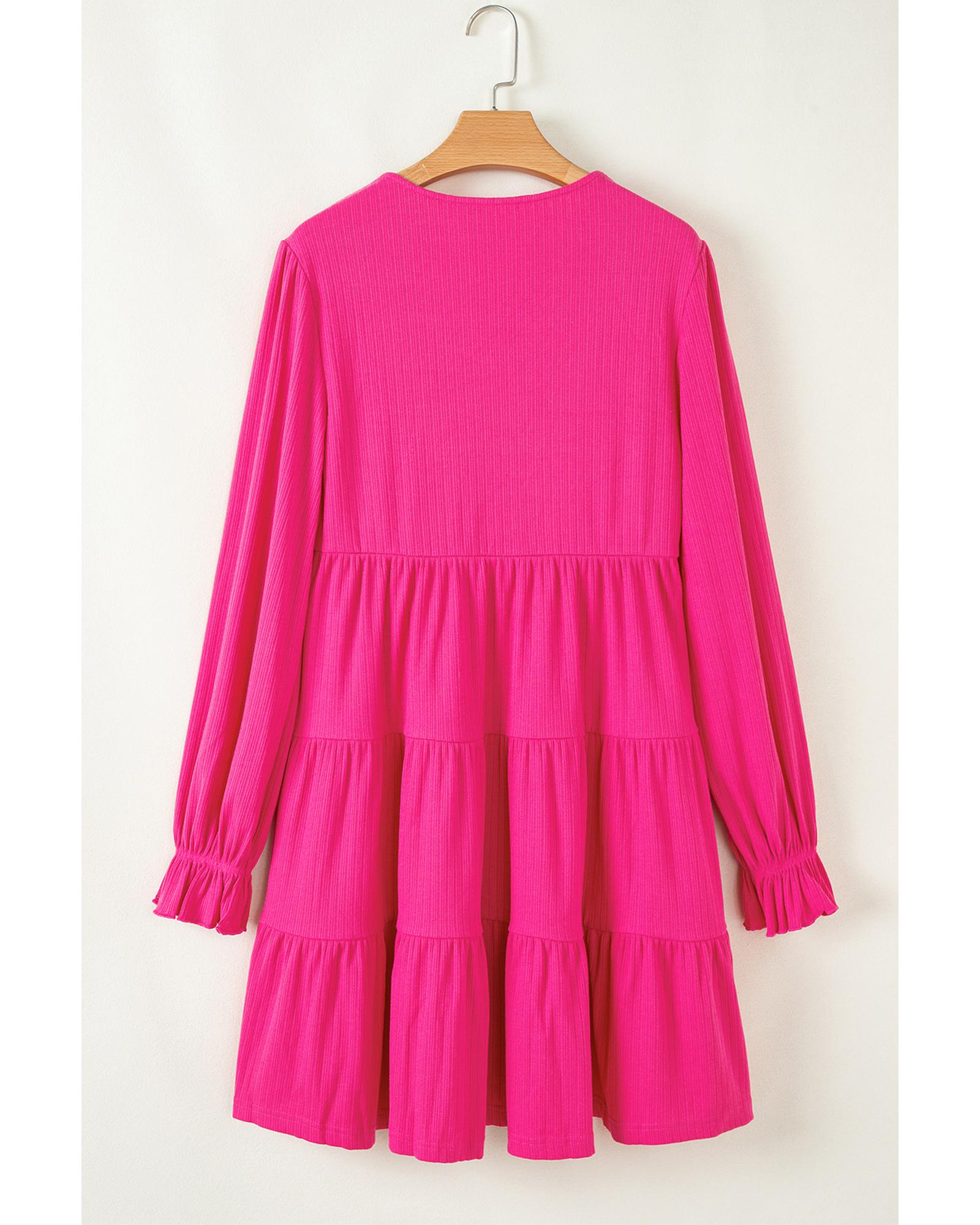 Rose Red Colorful Crochet V Neck Textured Tiered Ruffled Long Sleeve Mini Dress - M 7