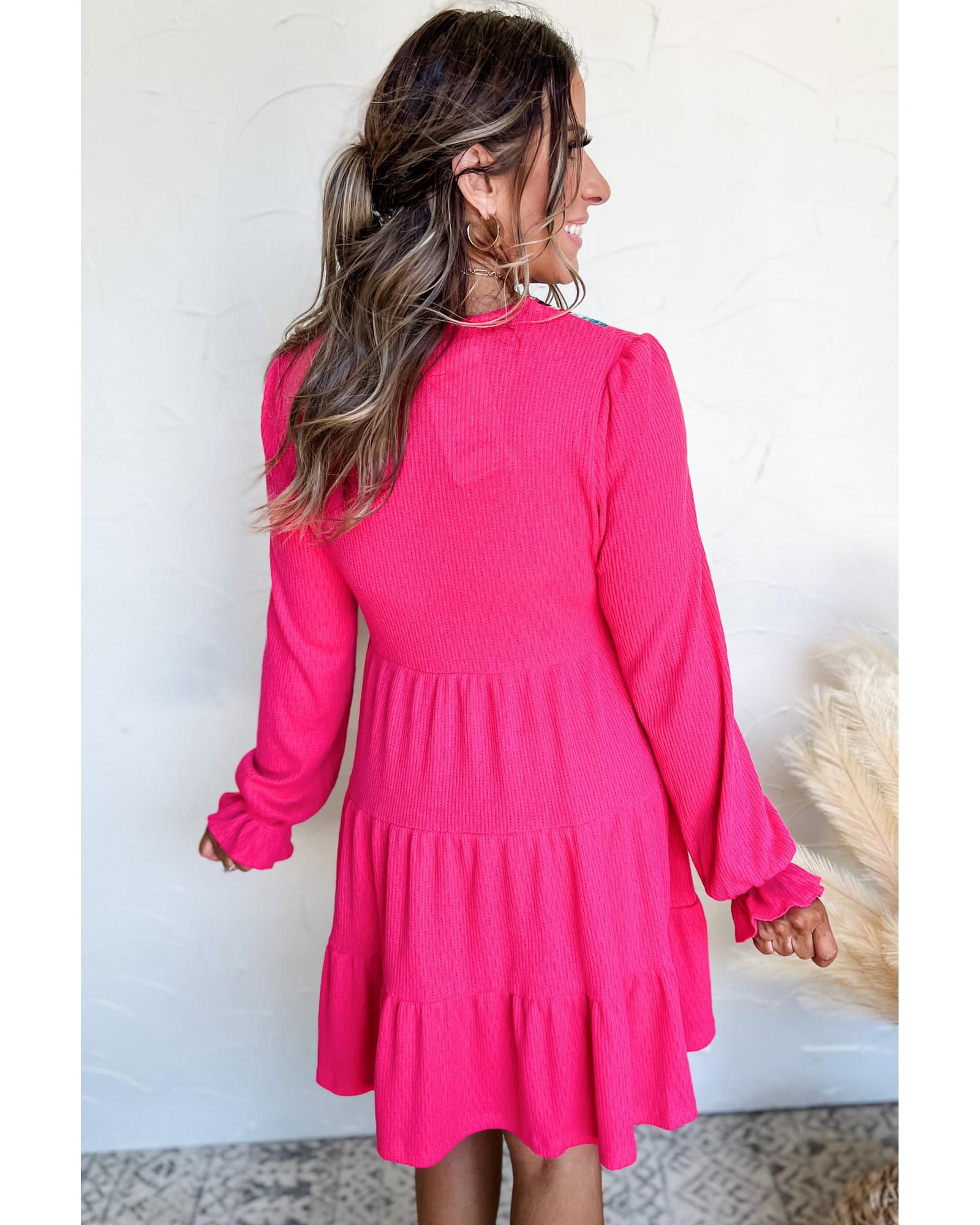 Rose Red Colorful Crochet V Neck Textured Tiered Ruffled Long Sleeve Mini Dress - S