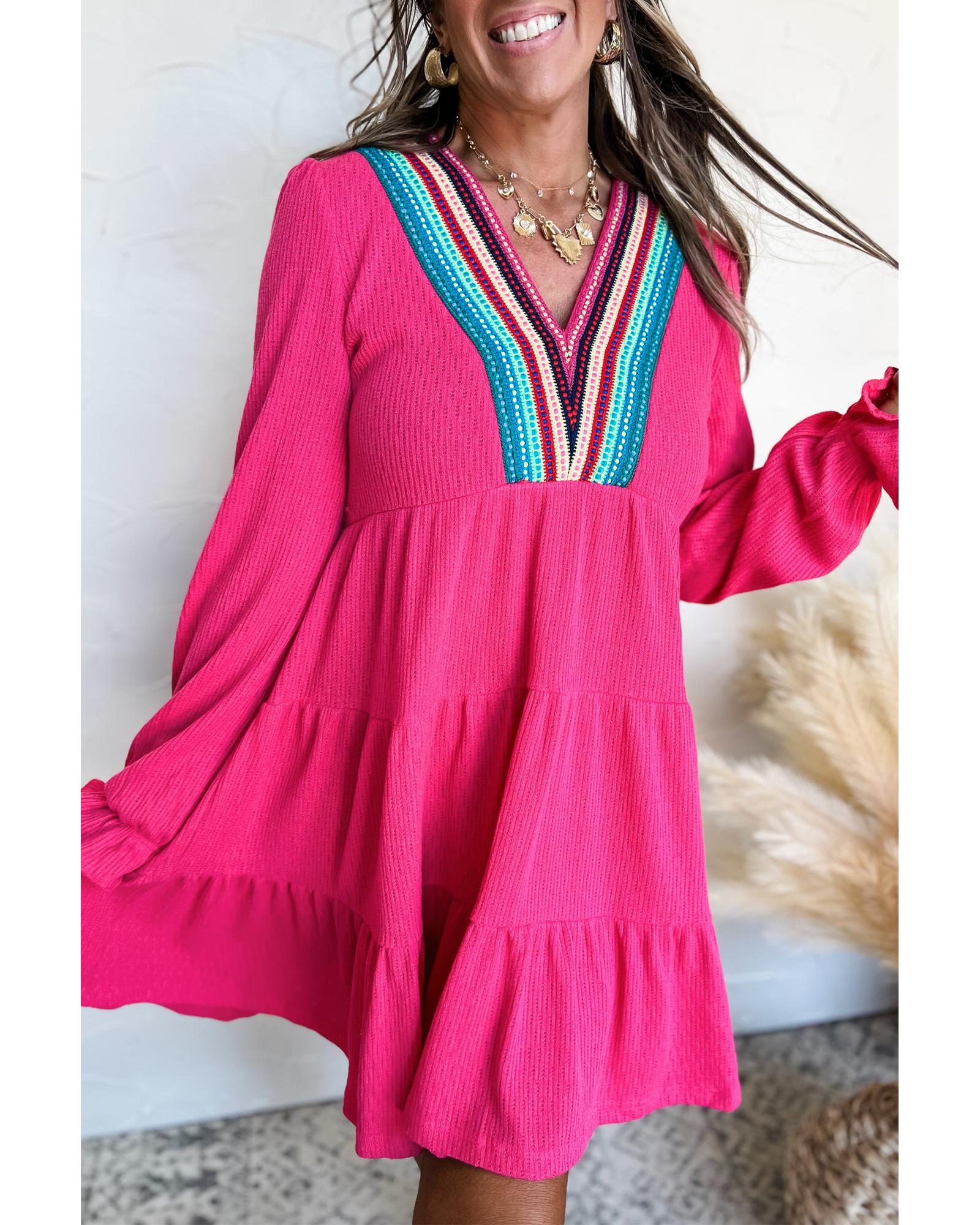 Rose Red Colorful Crochet V Neck Textured Tiered Ruffled Long Sleeve Mini Dress - XL 4