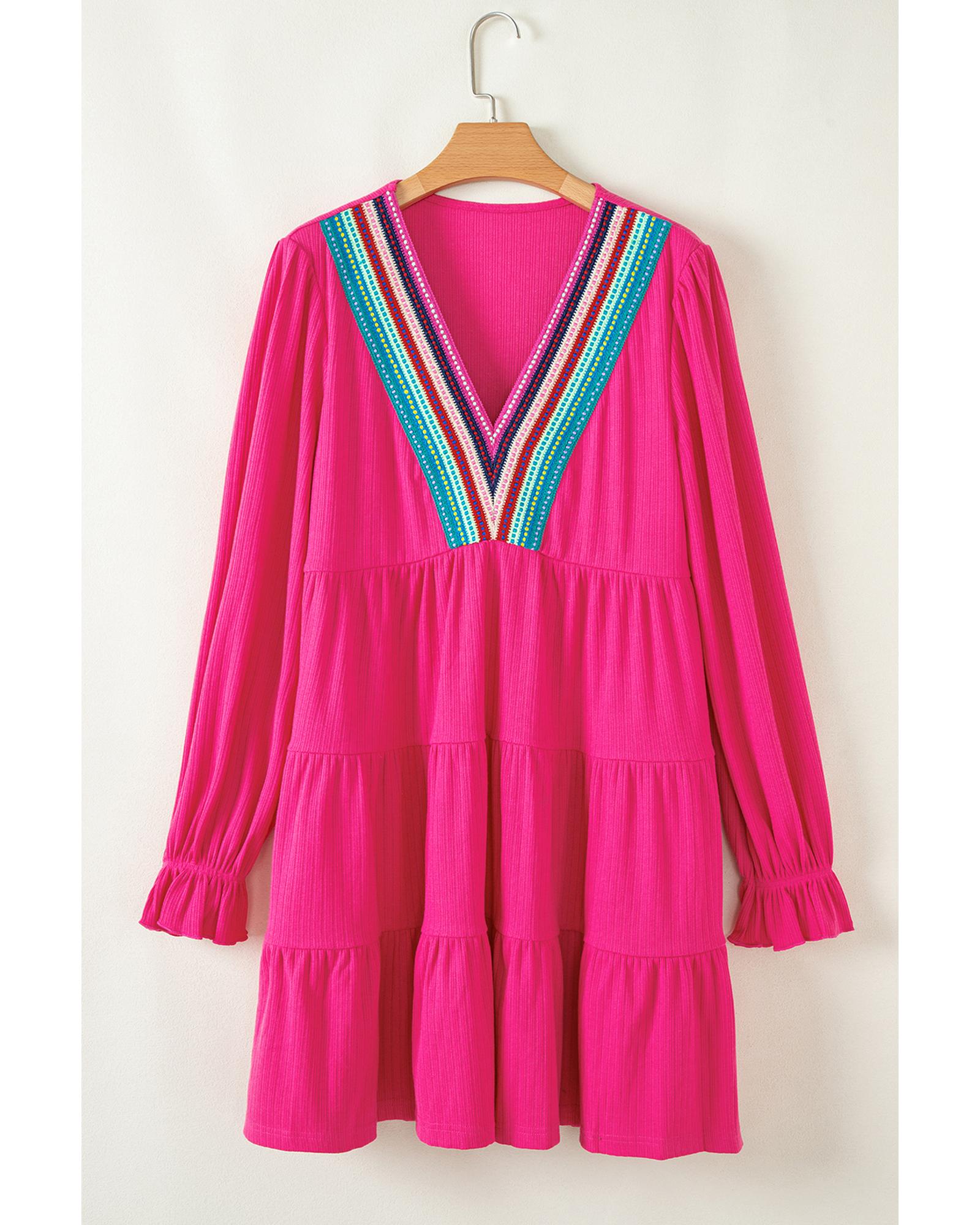 Rose Red Colorful Crochet V Neck Textured Tiered Ruffled Long Sleeve Mini Dress - XL 5