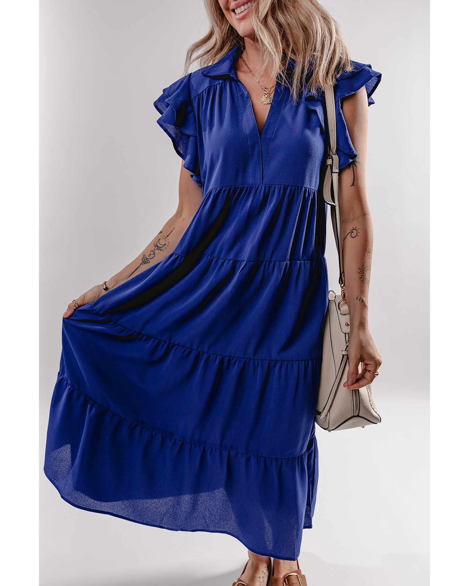 Bluing Ruffled Short Sleeve Collared V Neck Tiered Midi Dress - M 3