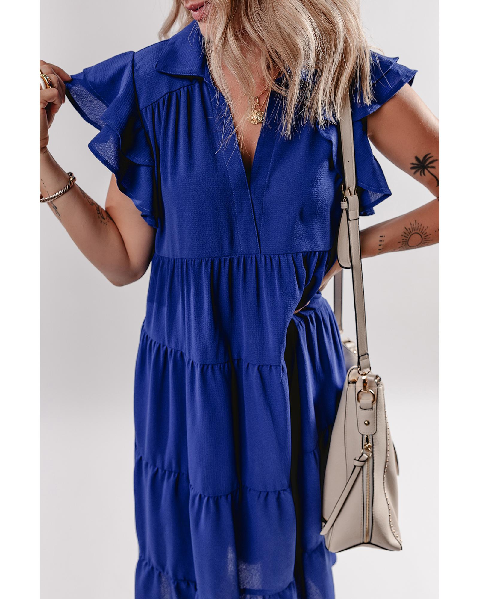Bluing Ruffled Short Sleeve Collared V Neck Tiered Midi Dress - M 4