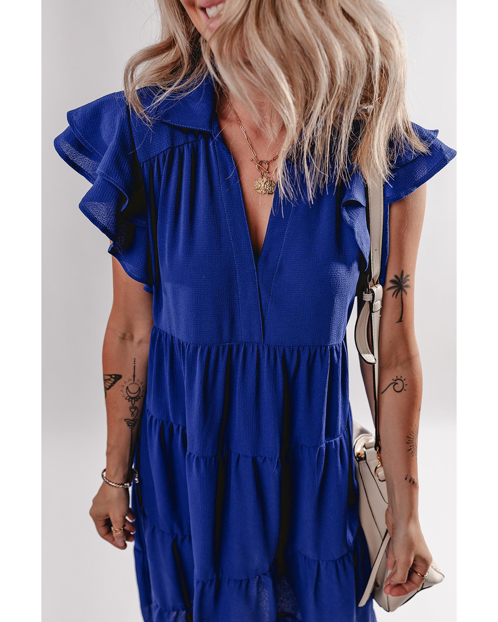 Bluing Ruffled Short Sleeve Collared V Neck Tiered Midi Dress - M 6