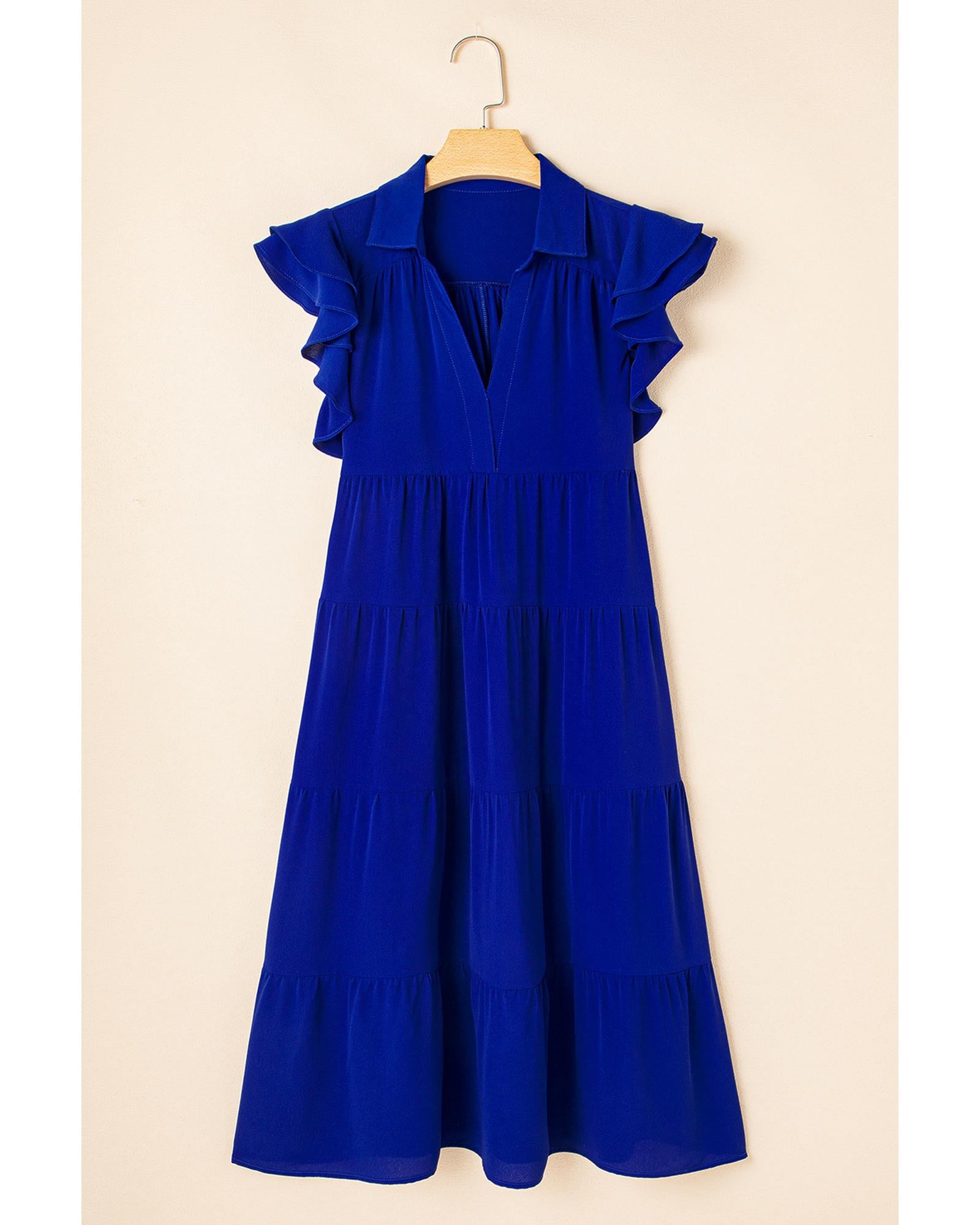 Bluing Ruffled Short Sleeve Collared V Neck Tiered Midi Dress - M 7