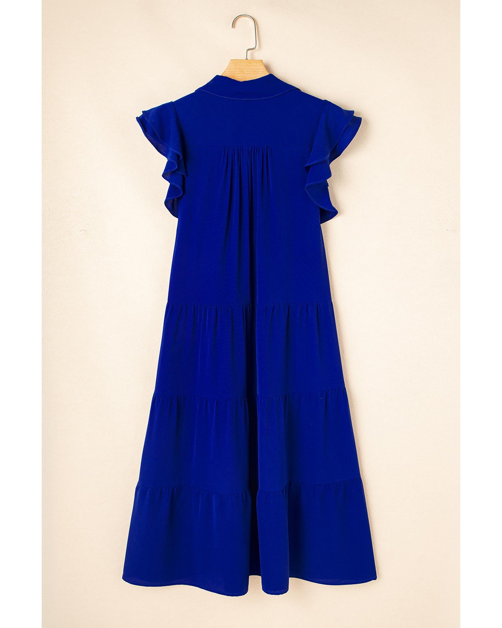 Bluing Ruffled Short Sleeve Collared V Neck Tiered Midi Dress - XL 8