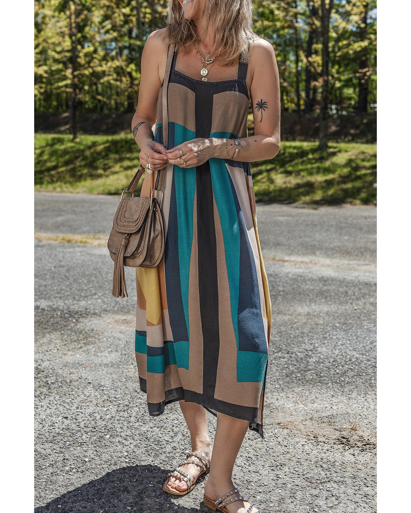 Brown Retro Geometric Printed Y Back Sleeveless Dress - M 3