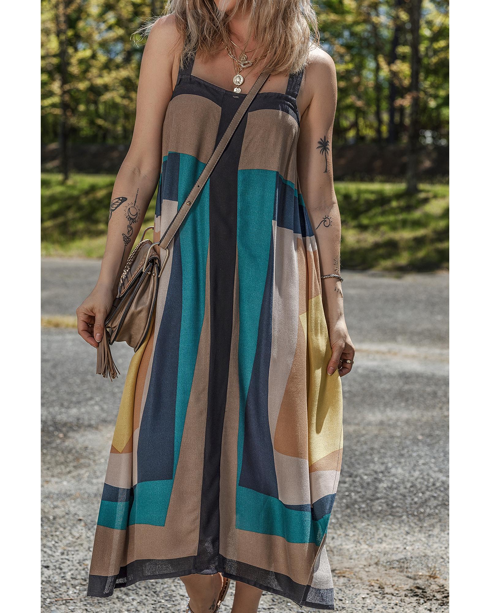 Brown Retro Geometric Printed Y Back Sleeveless Dress - M 4