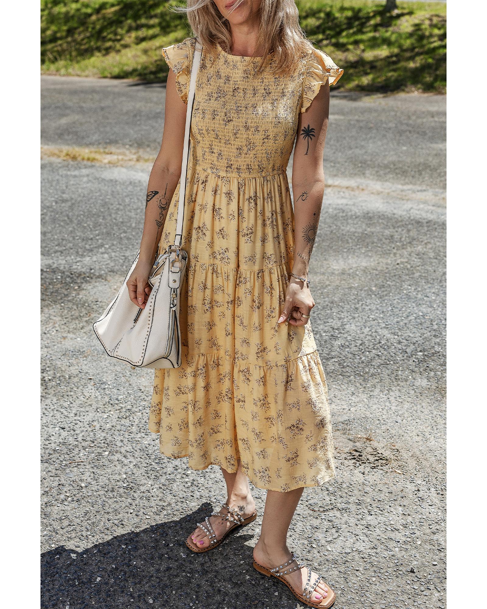 Yellow Boho Floral Print Ruffle Smocked Flowy Summer Dress - M 3