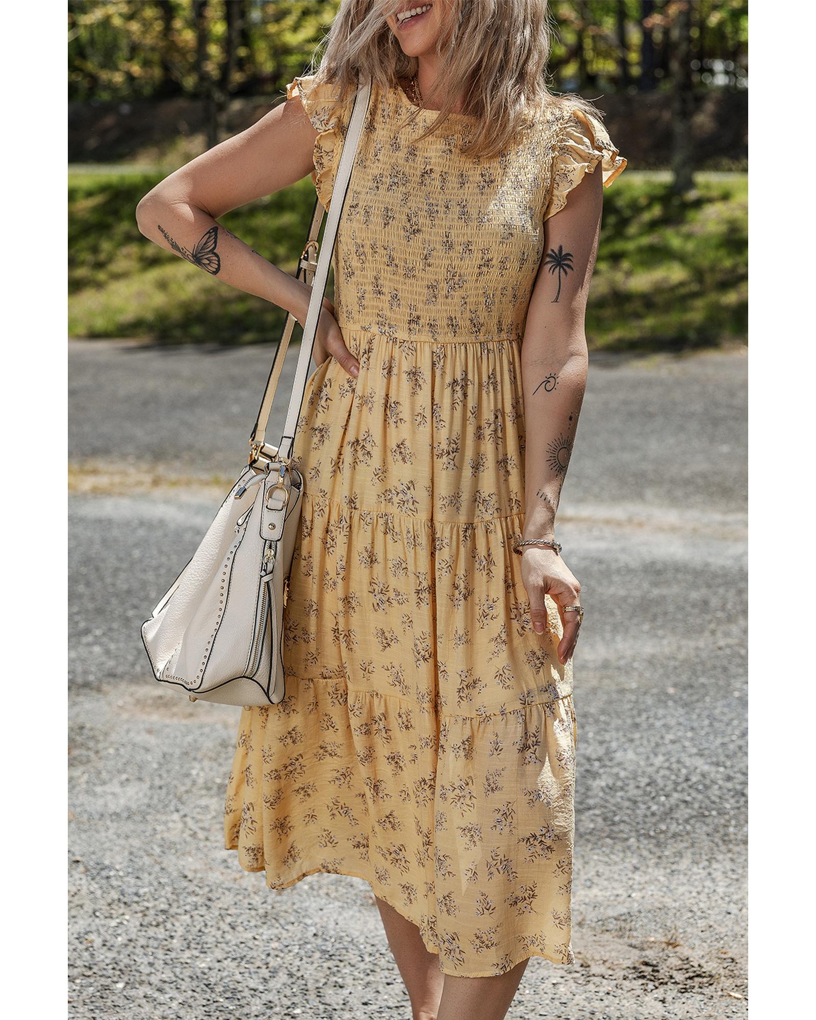 Yellow Boho Floral Print Ruffle Smocked Flowy Summer Dress - M 4