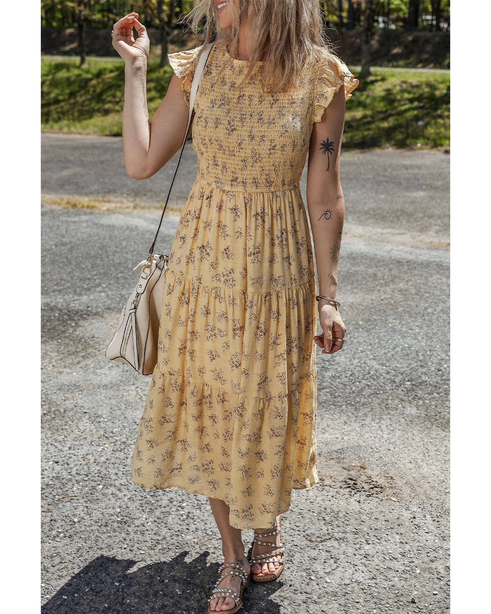 Yellow Boho Floral Print Ruffle Smocked Flowy Summer Dress - M 5