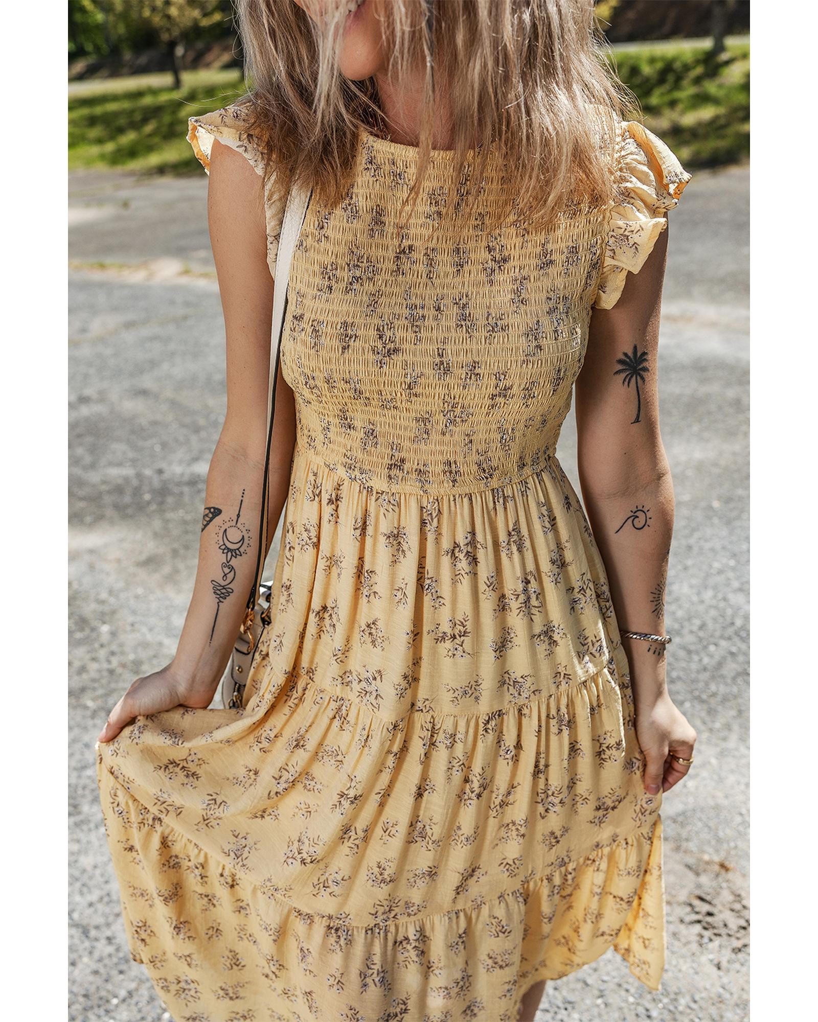 Yellow Boho Floral Print Ruffle Smocked Flowy Summer Dress - M 6