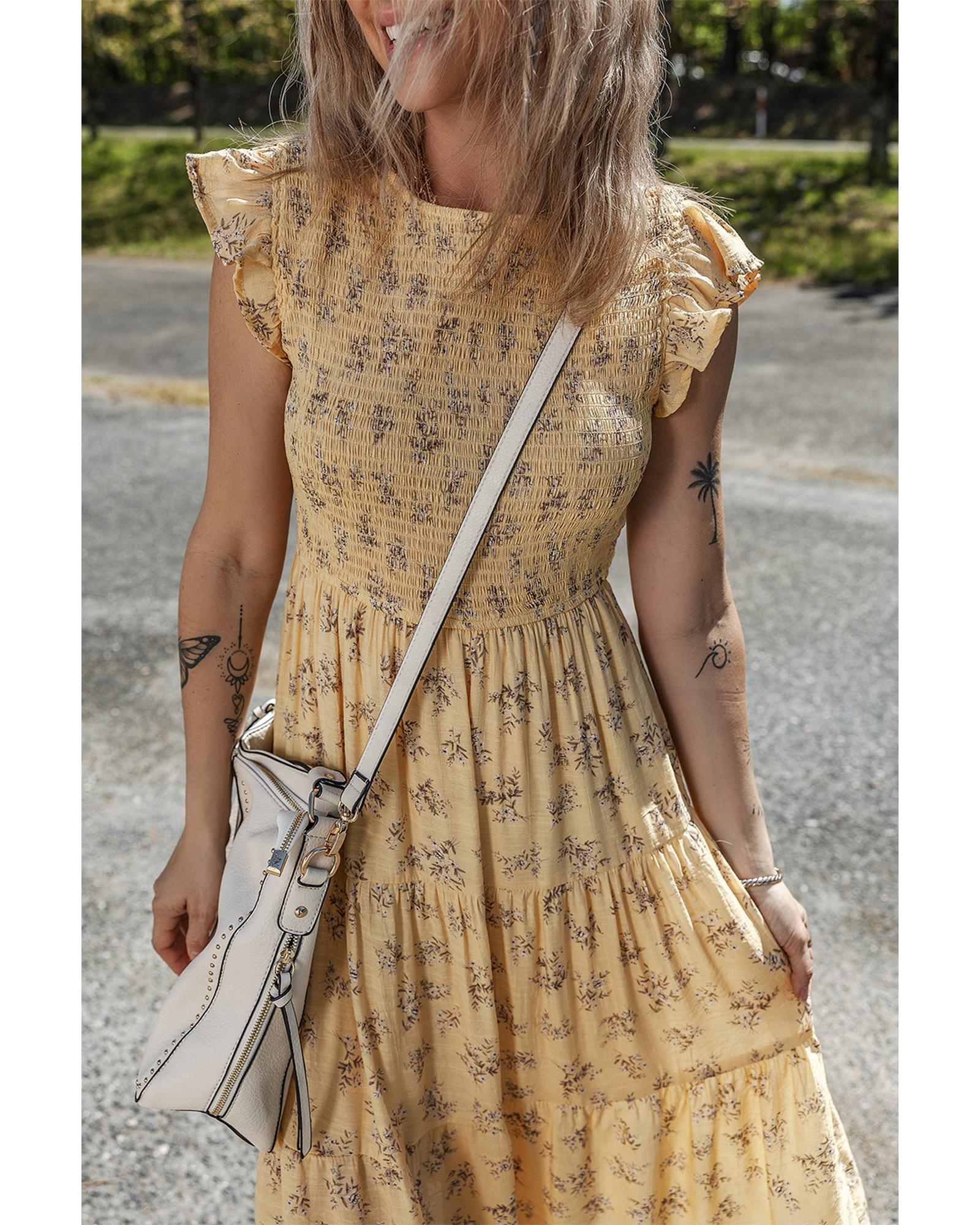 Yellow Boho Floral Print Ruffle Smocked Flowy Summer Dress - M 7