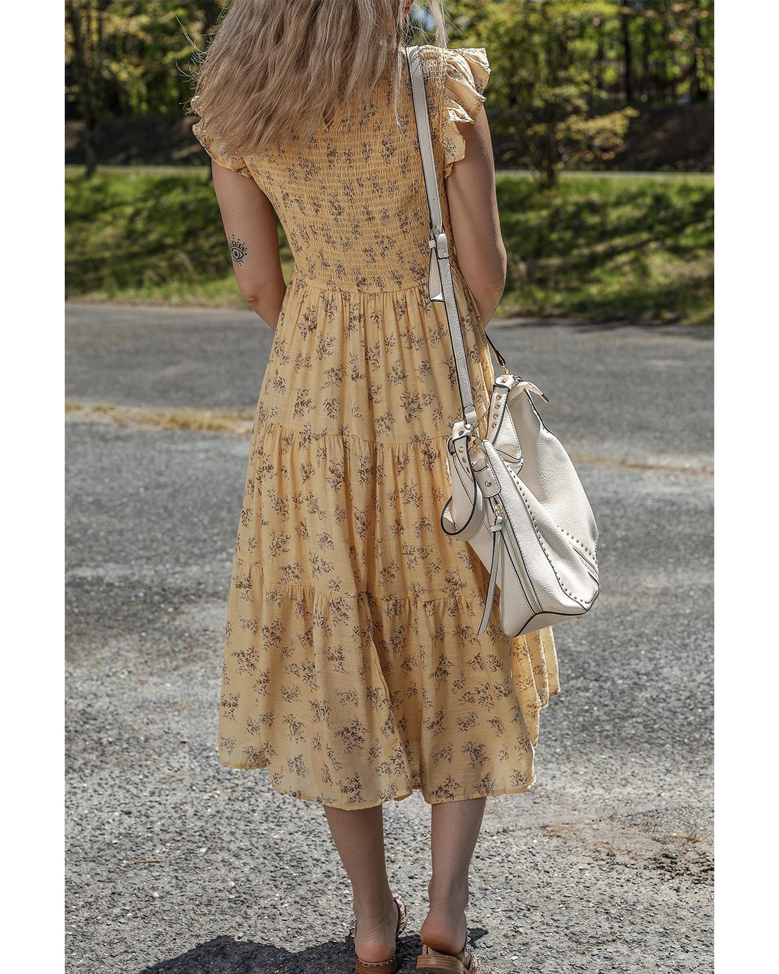 Yellow Boho Floral Print Ruffle Smocked Flowy Summer Dress - S
