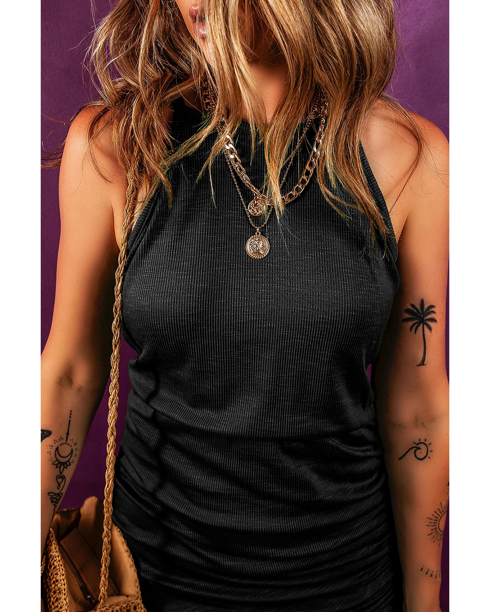 Black Racerback Ribbed Knit Drawstring Bodycon Dress - S 3