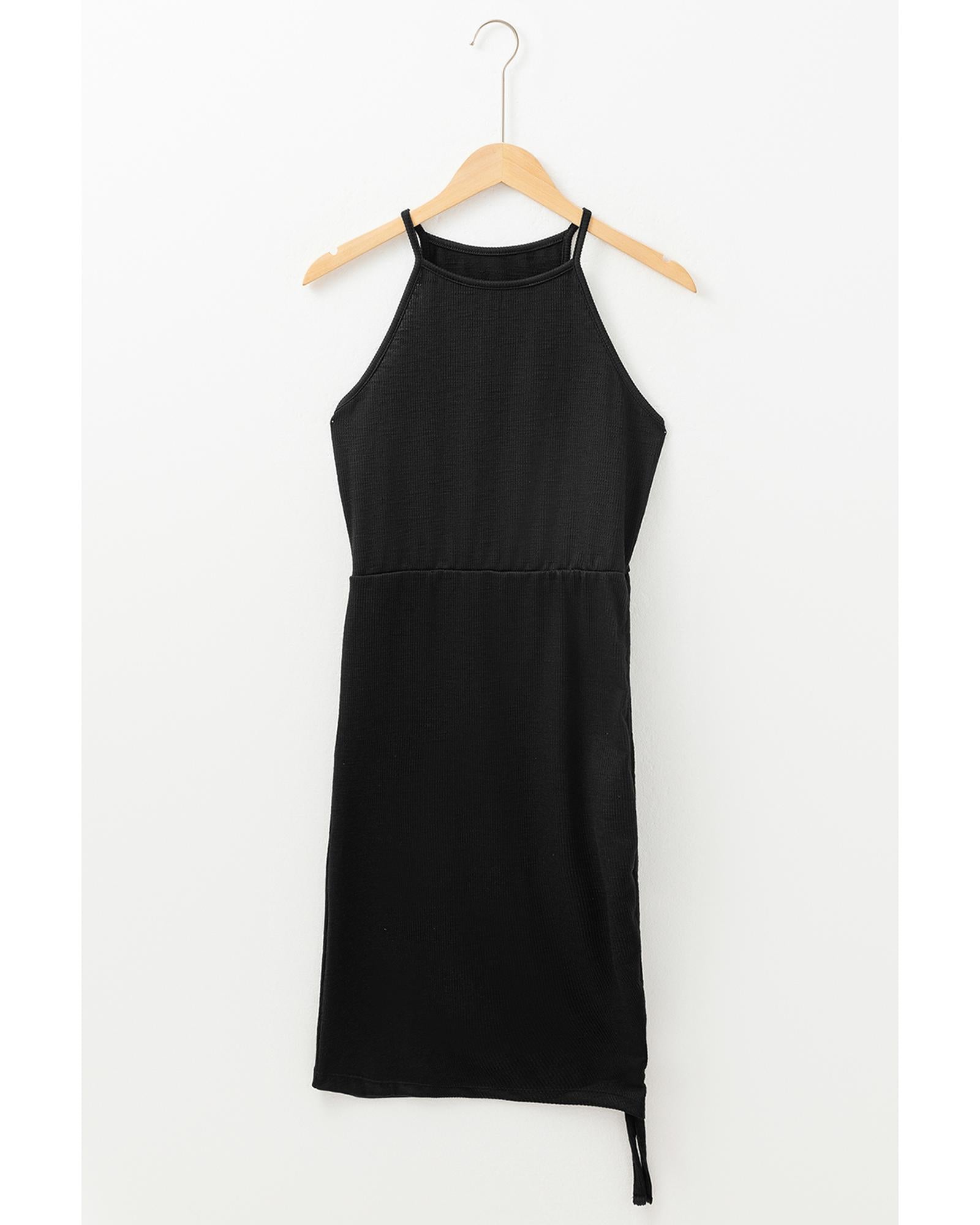 Black Racerback Ribbed Knit Drawstring Bodycon Dress - S 6