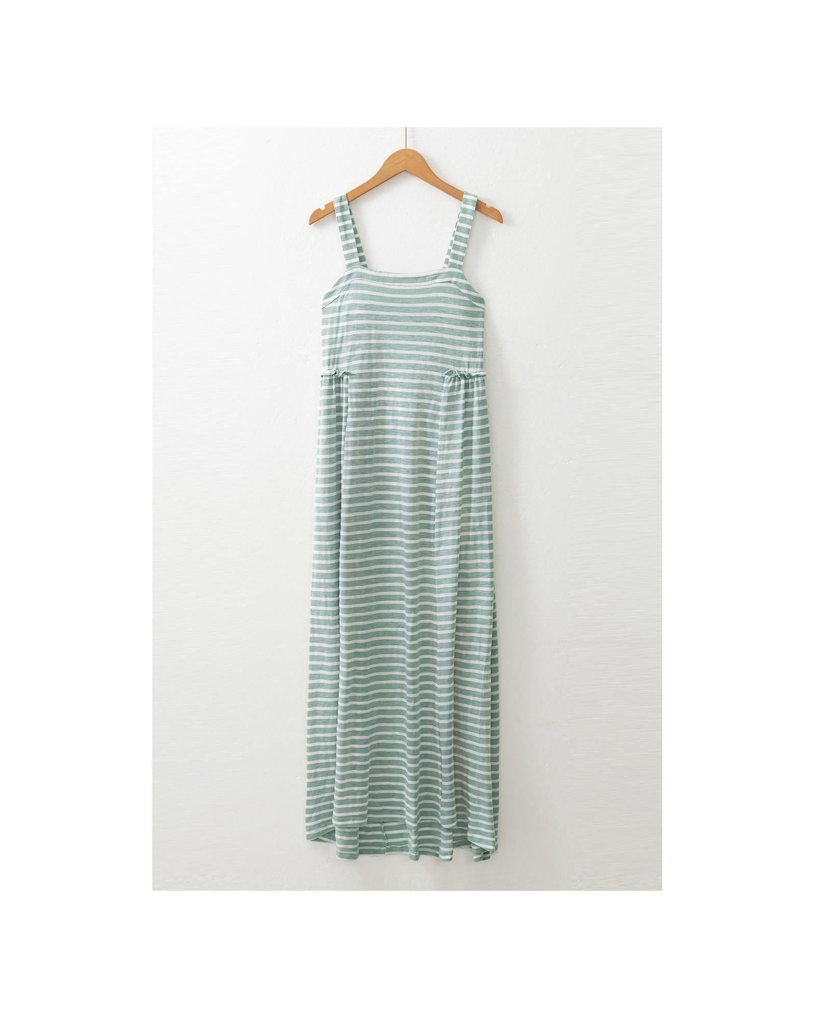 Green Stripe Shirred Frilled High Waist Sleeveless Loose Fit Maxi Dress - XL