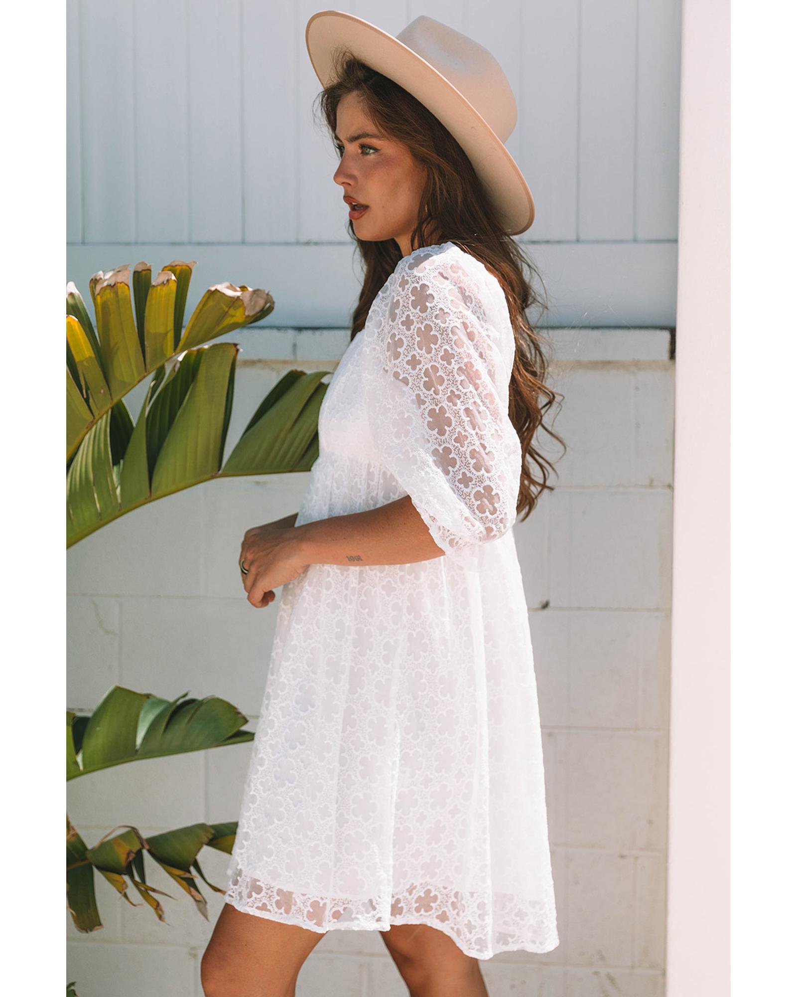 White Floral Lace Puff Sleeve Empire Waist Mini Dress - L 3