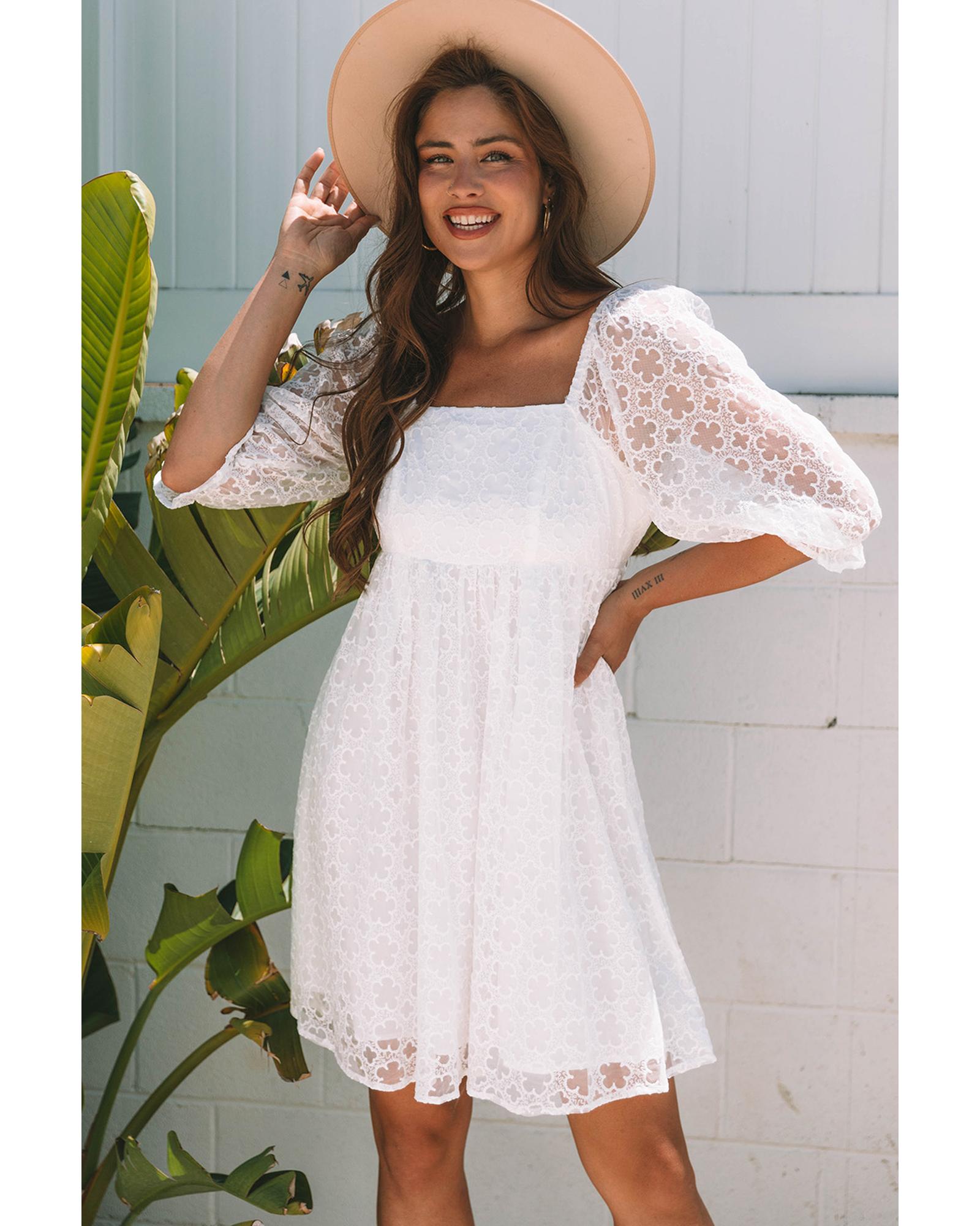 White Floral Lace Puff Sleeve Empire Waist Mini Dress - L 4
