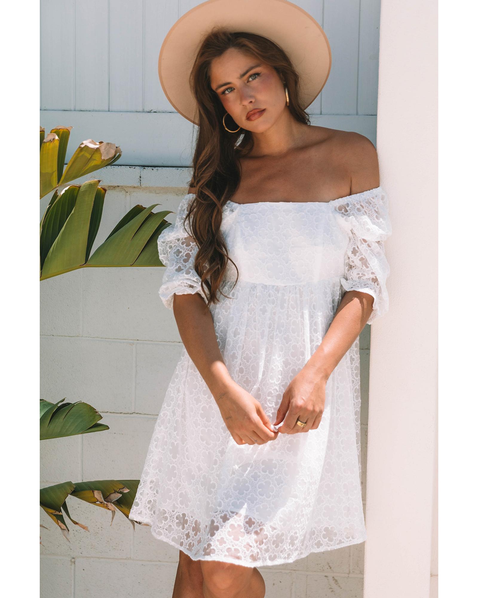 White Floral Lace Puff Sleeve Empire Waist Mini Dress - L 6