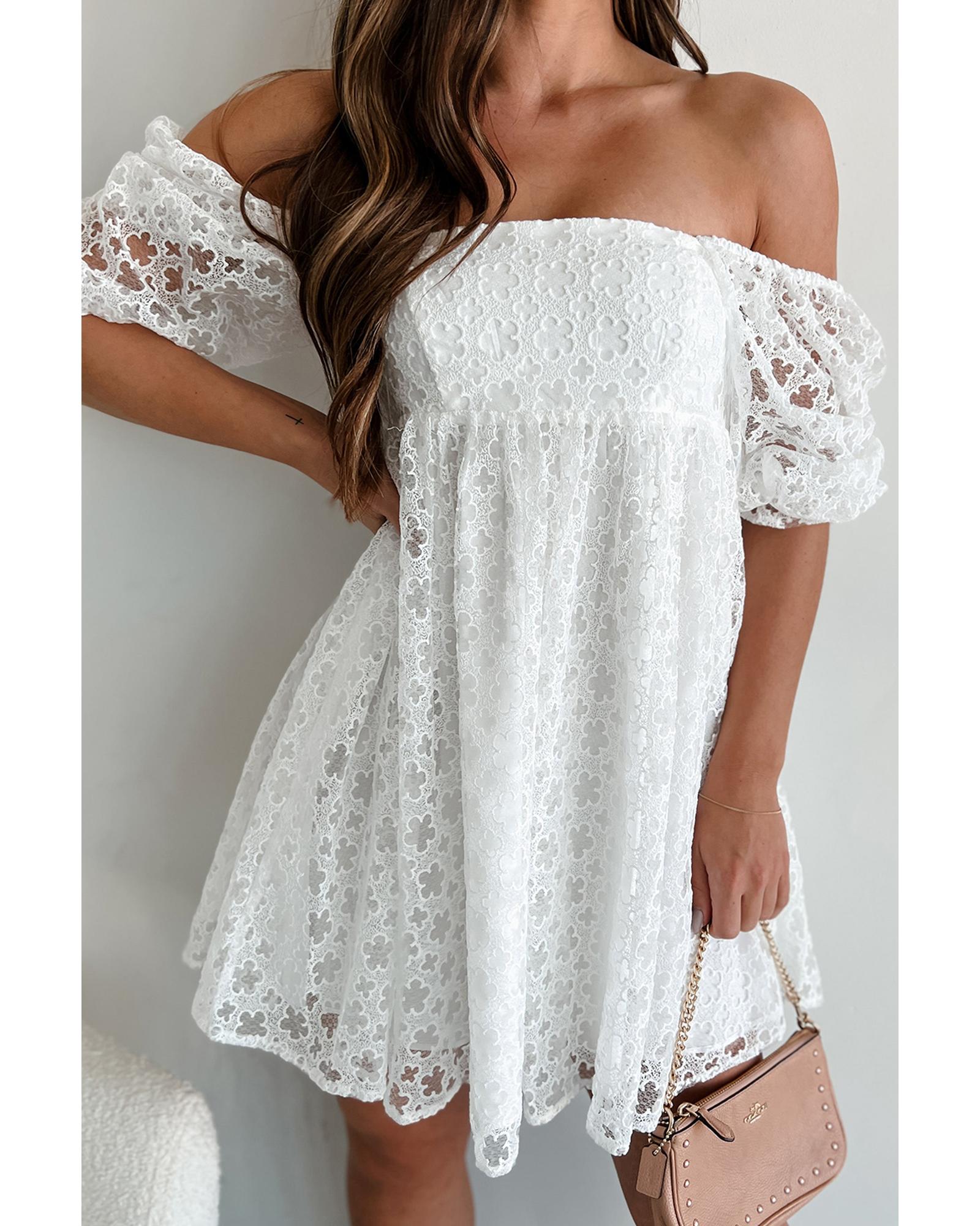 White Floral Lace Puff Sleeve Empire Waist Mini Dress - L 8