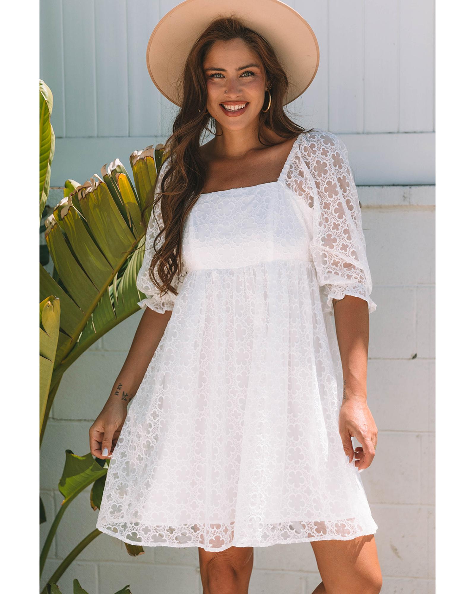 White Floral Lace Puff Sleeve Empire Waist Mini Dress - M