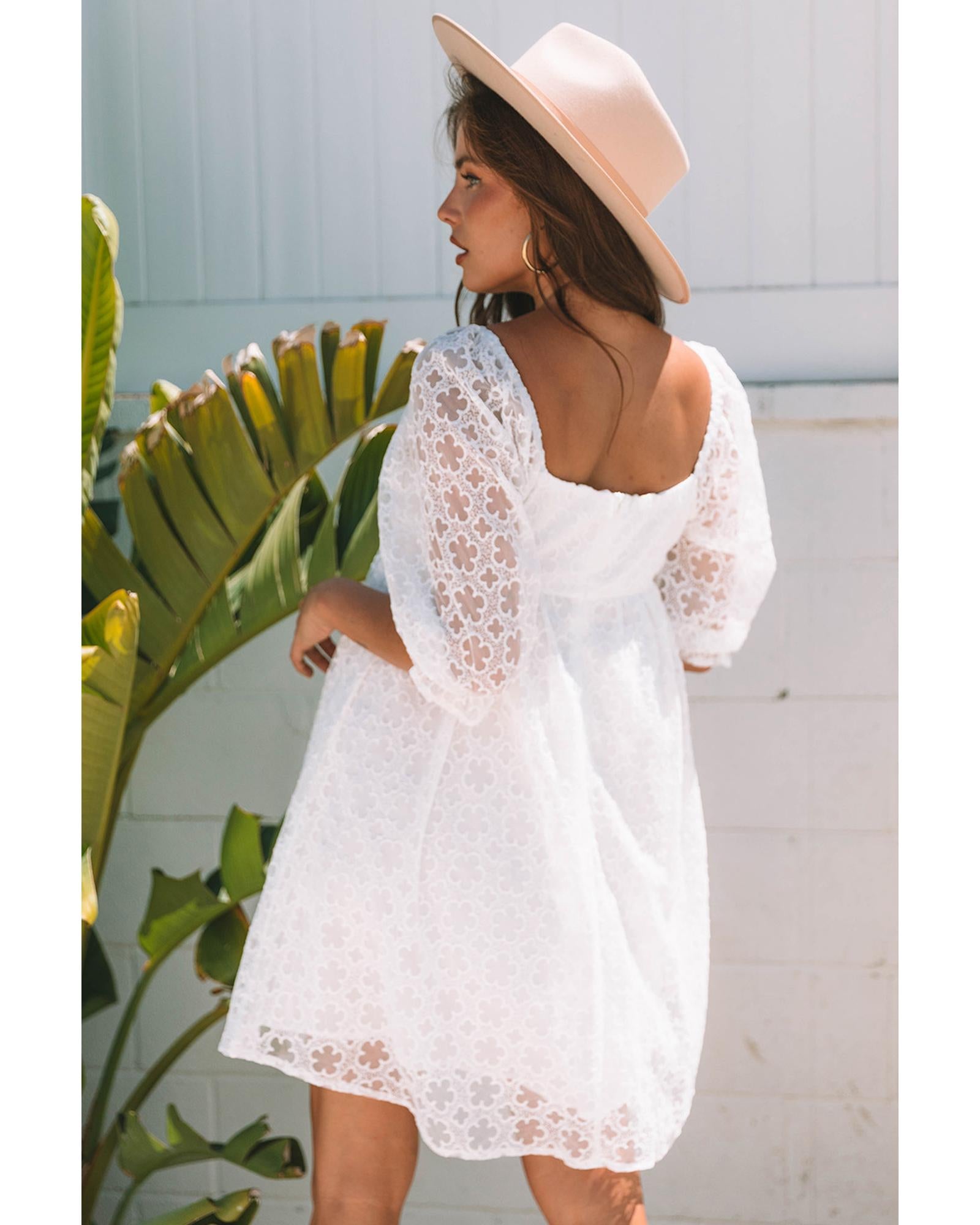 White Floral Lace Puff Sleeve Empire Waist Mini Dress - M