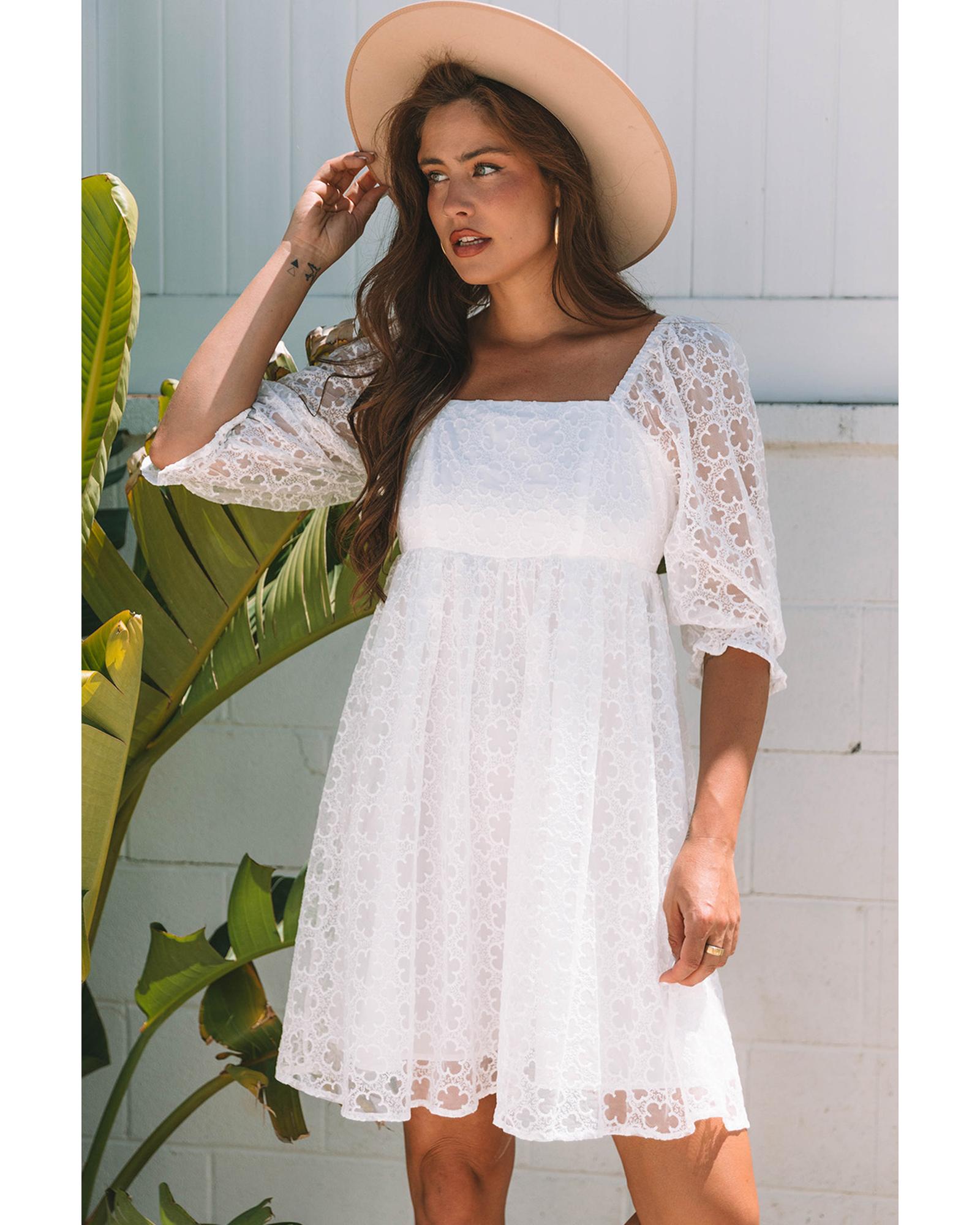 White Floral Lace Puff Sleeve Empire Waist Mini Dress - XL 5