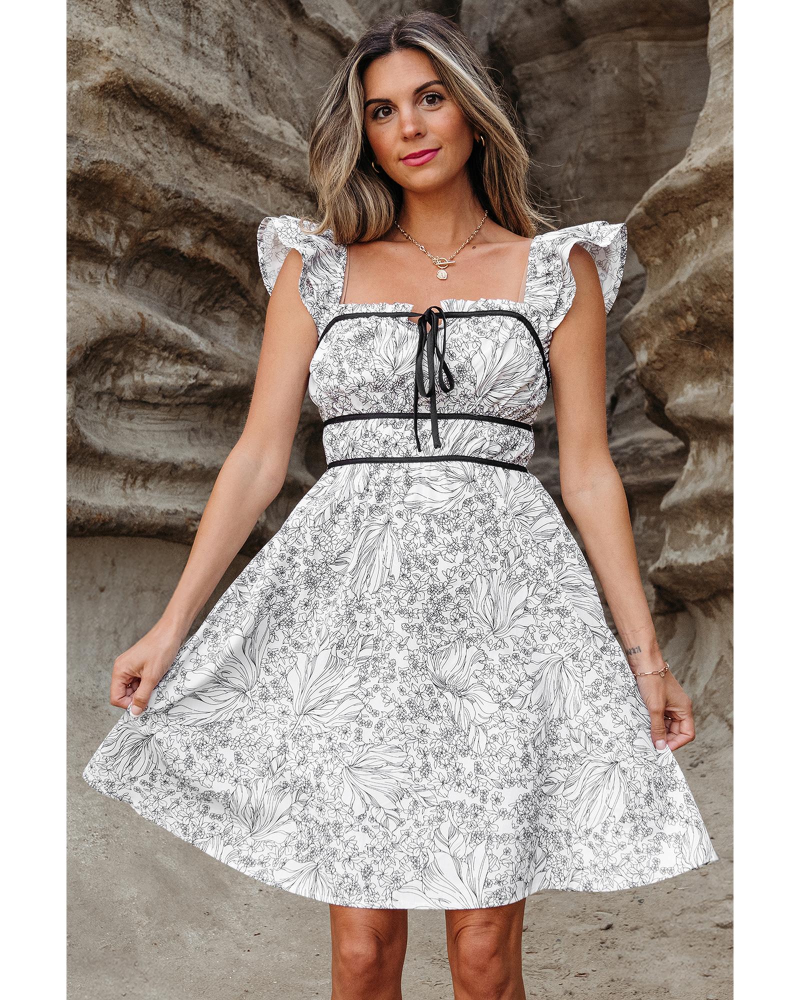White Floral Print Pipping Trim Flutter Sleeve Mini Dress - L 4