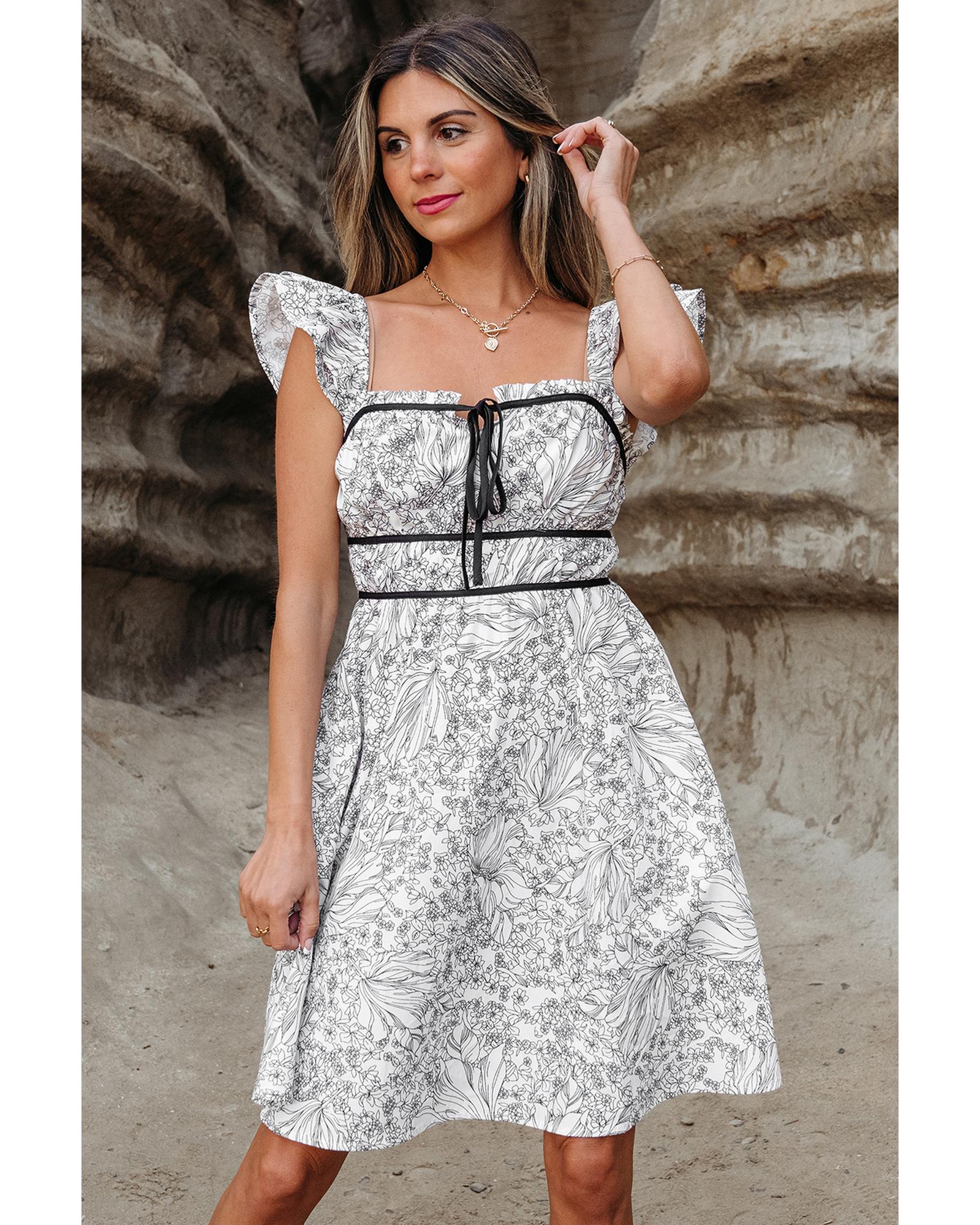 White Floral Print Pipping Trim Flutter Sleeve Mini Dress - XL