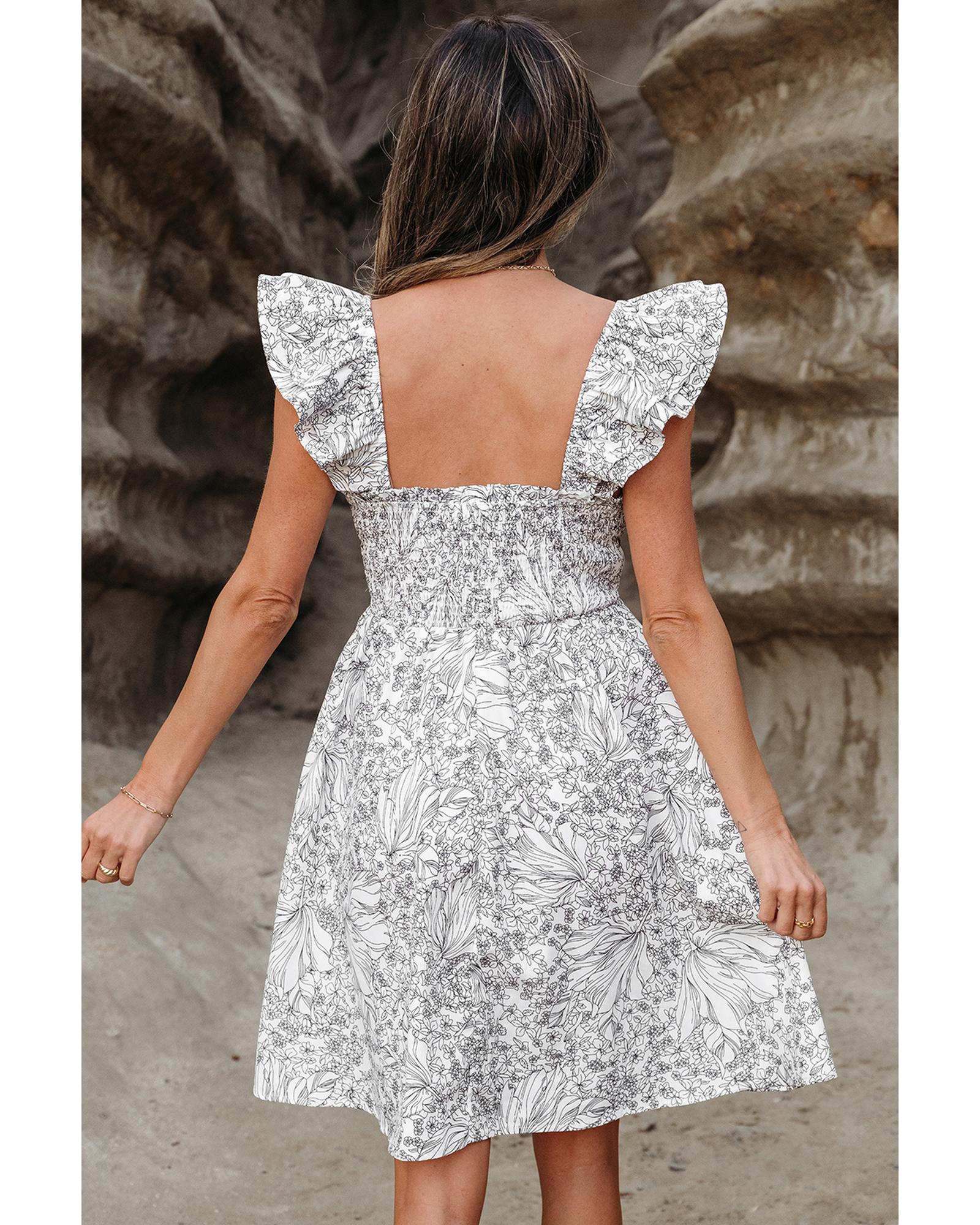 White Floral Print Pipping Trim Flutter Sleeve Mini Dress - XL