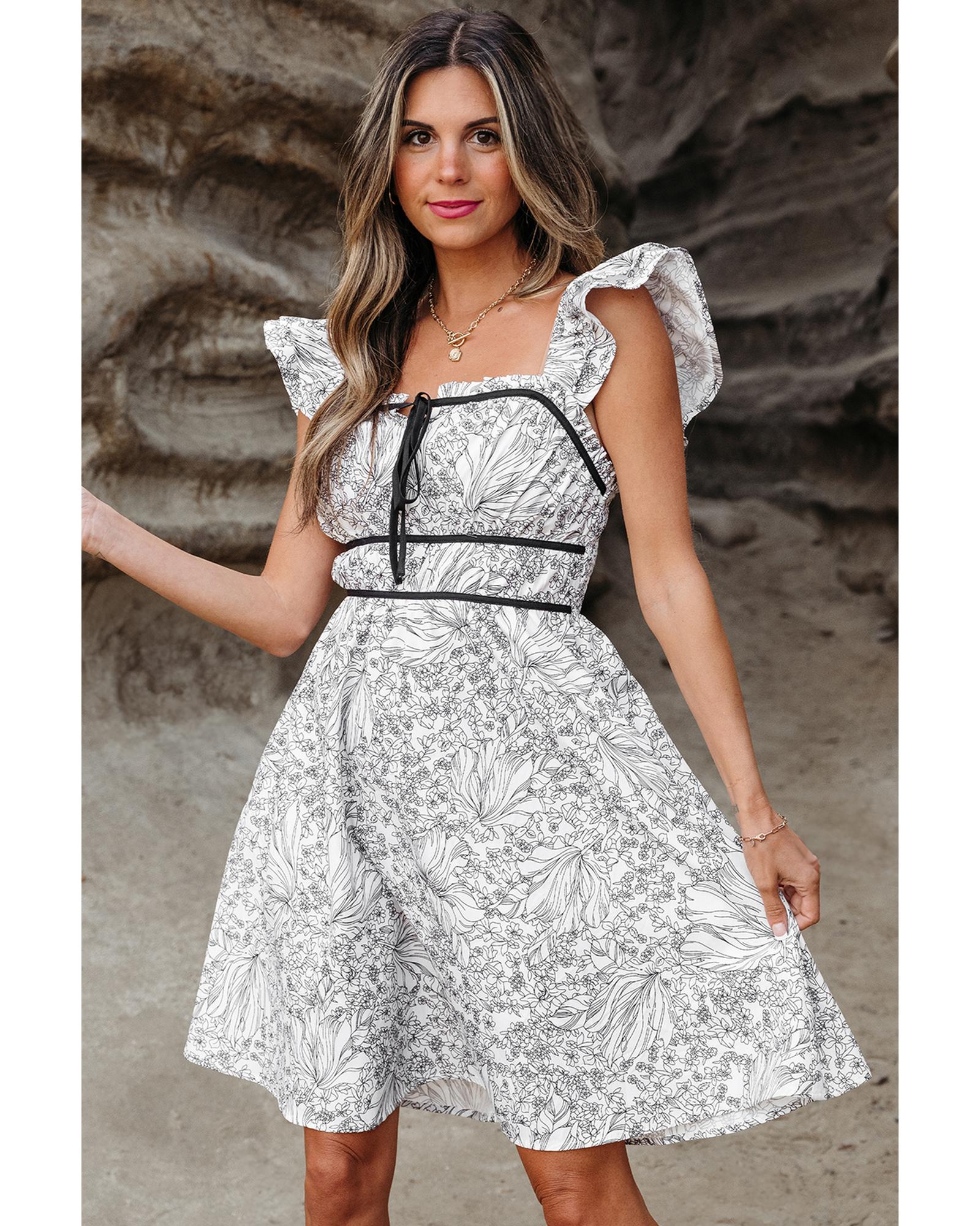 White Floral Print Pipping Trim Flutter Sleeve Mini Dress - XL 3