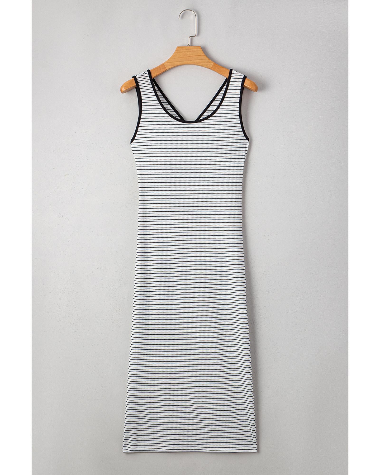 White Stripe Criss Cross Side Slits Slim Fit Sleeveless Midi Dress - L