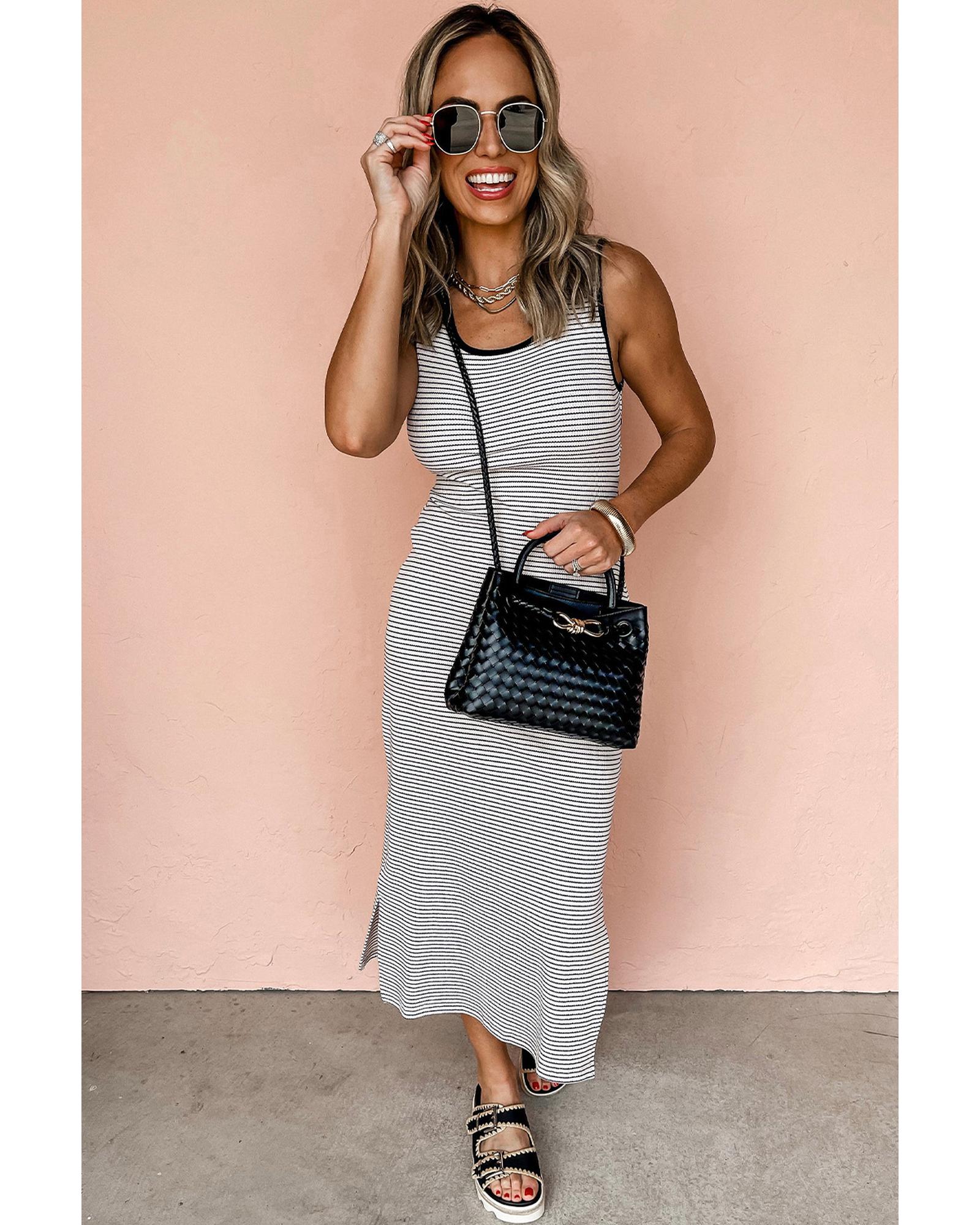 White Stripe Criss Cross Side Slits Slim Fit Sleeveless Midi Dress - S 4