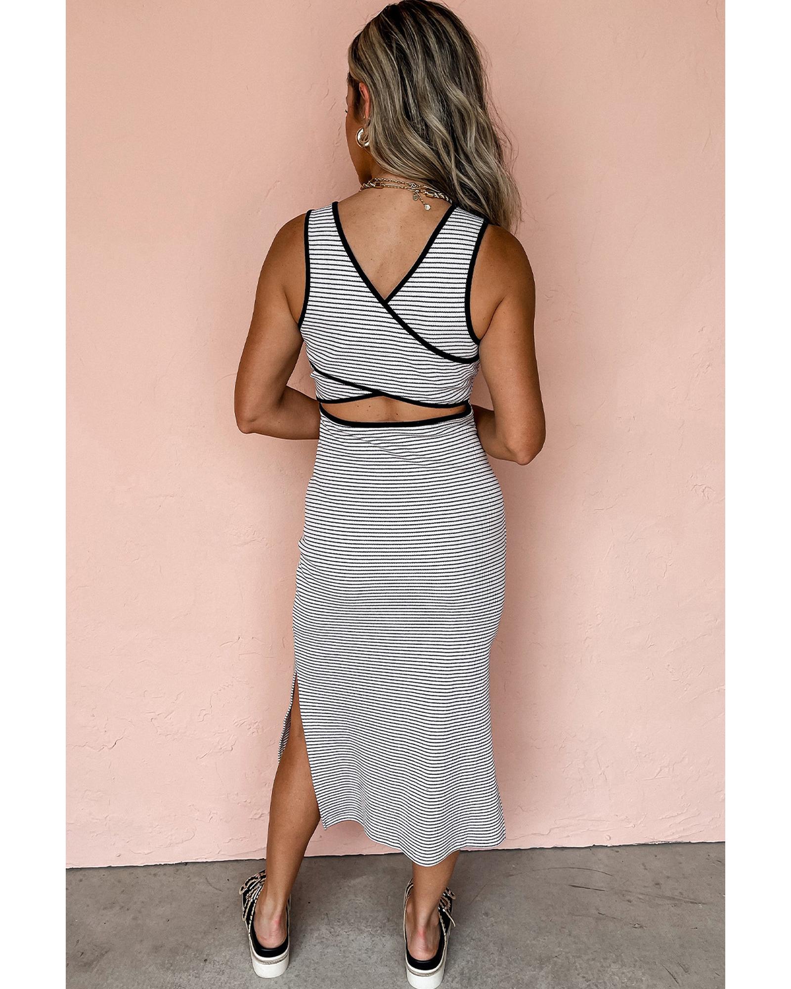 White Stripe Criss Cross Side Slits Slim Fit Sleeveless Midi Dress - S 5