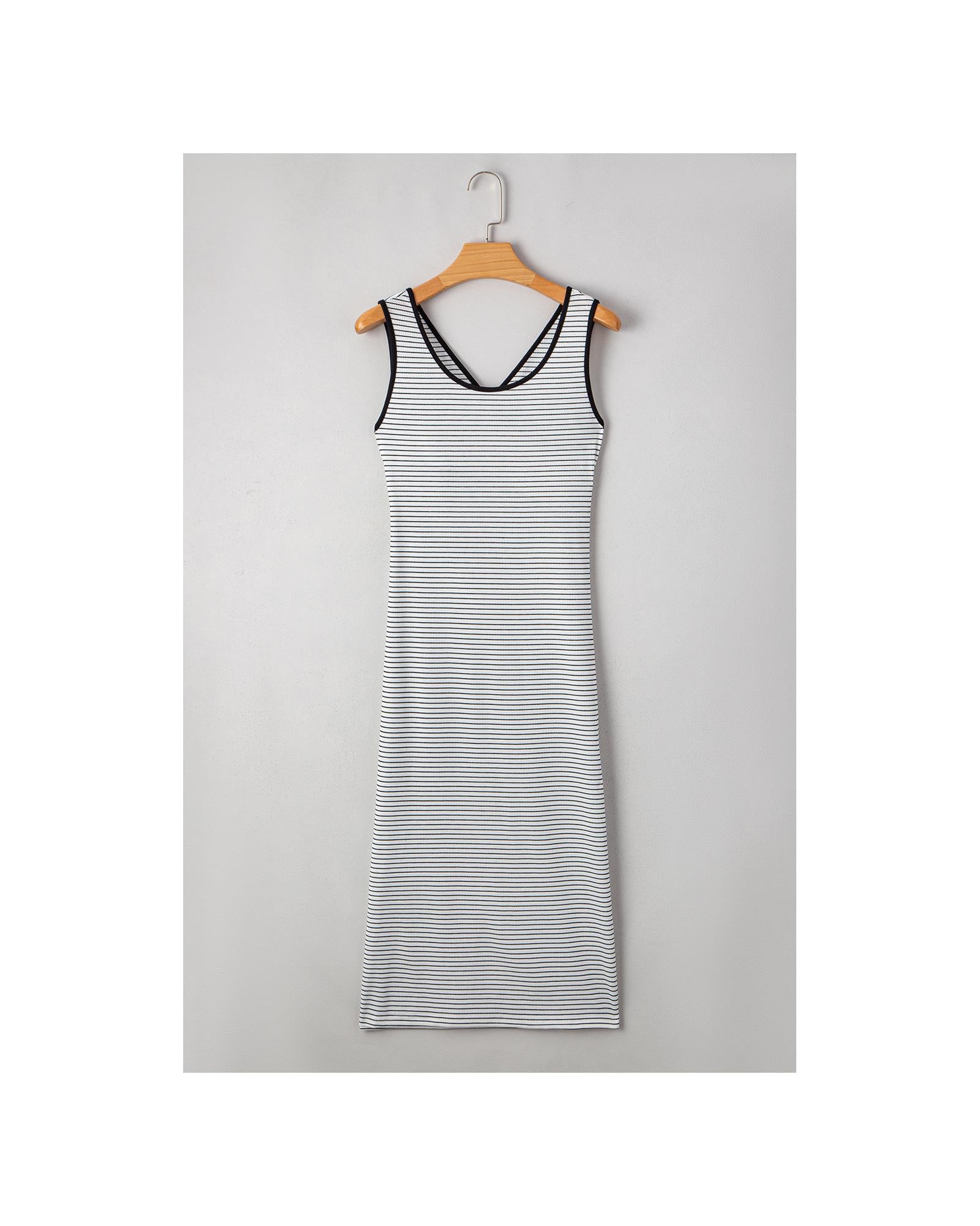 White Stripe Criss Cross Side Slits Slim Fit Sleeveless Midi Dress - XL