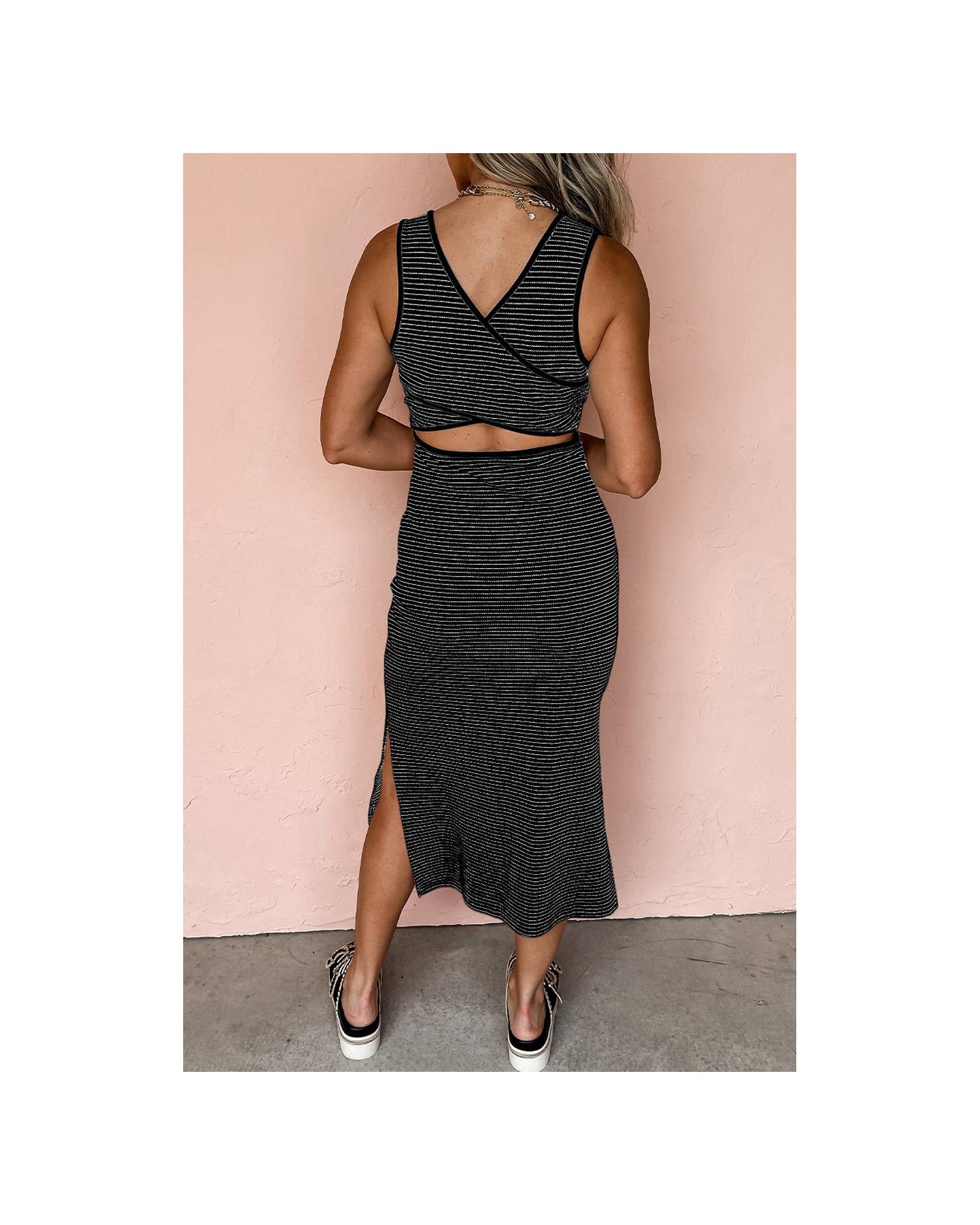 Black Stripe Criss Cross Side Slits Slim Fit Sleeveless Midi Dress - XL