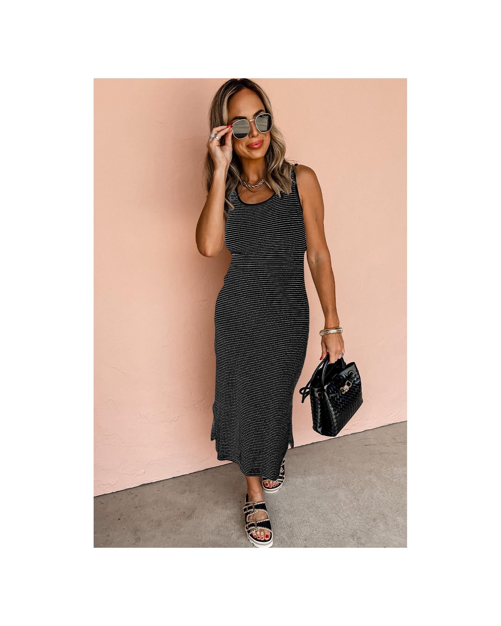 Black Stripe Criss Cross Side Slits Slim Fit Sleeveless Midi Dress - XL