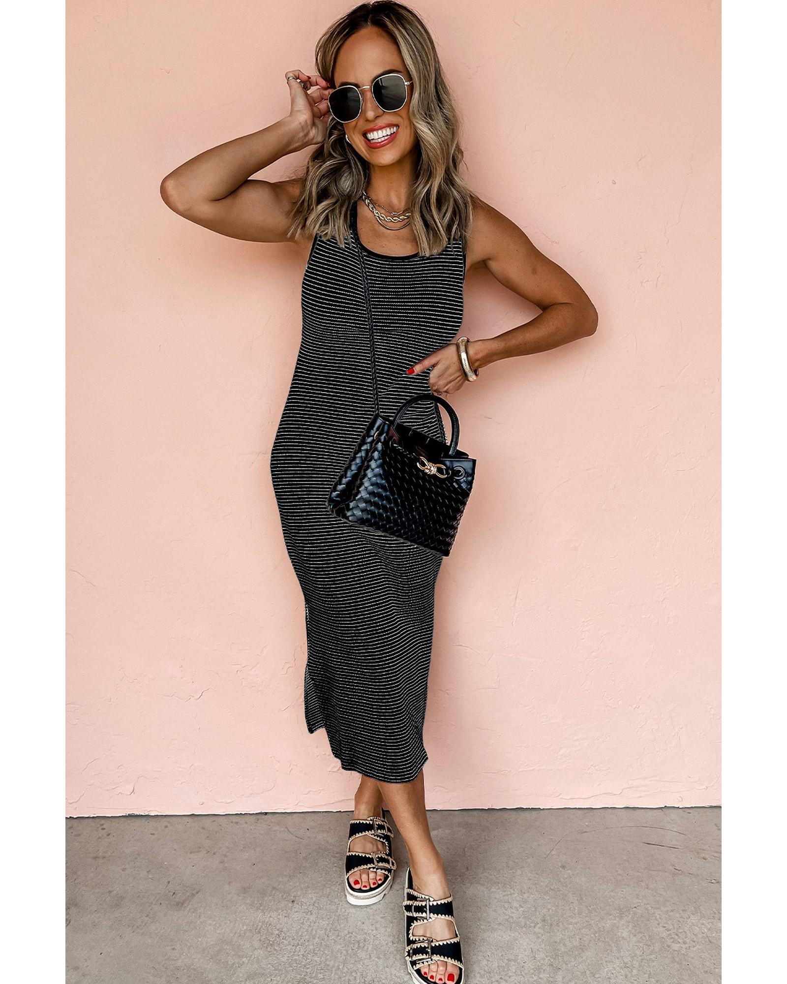Black Stripe Criss Cross Side Slits Slim Fit Sleeveless Midi Dress - XL 3