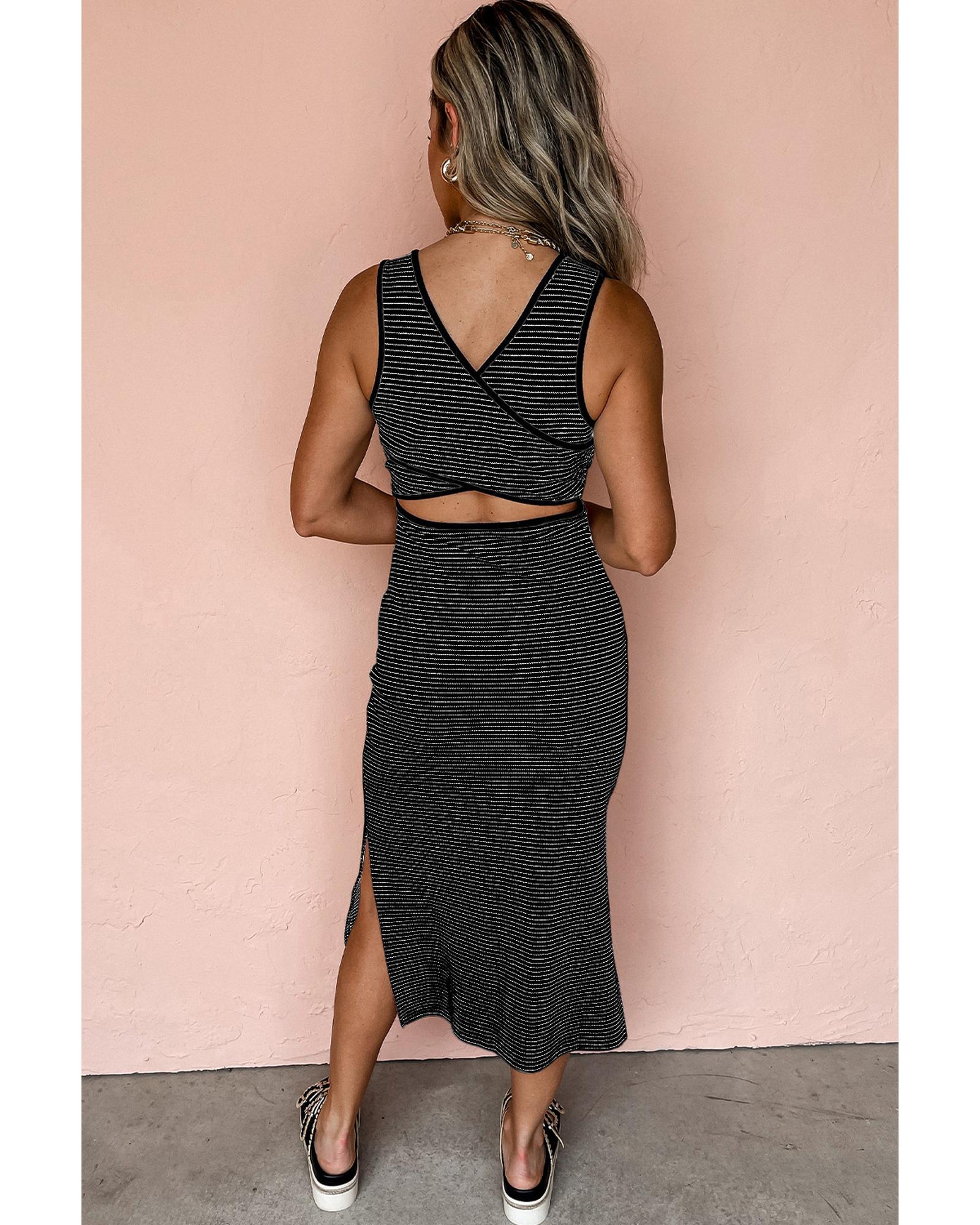 Black Stripe Criss Cross Side Slits Slim Fit Sleeveless Midi Dress - XL 4