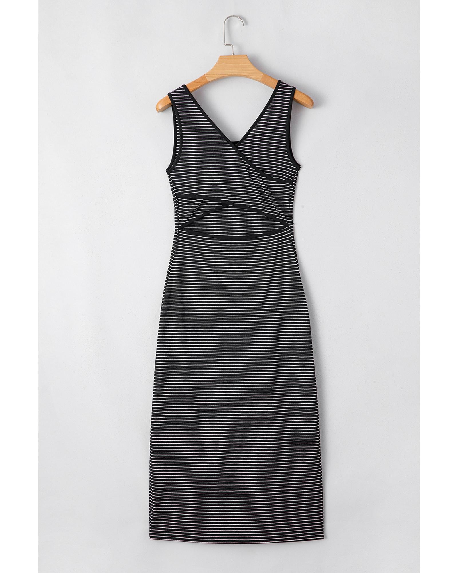 Black Stripe Criss Cross Side Slits Slim Fit Sleeveless Midi Dress - XL 5