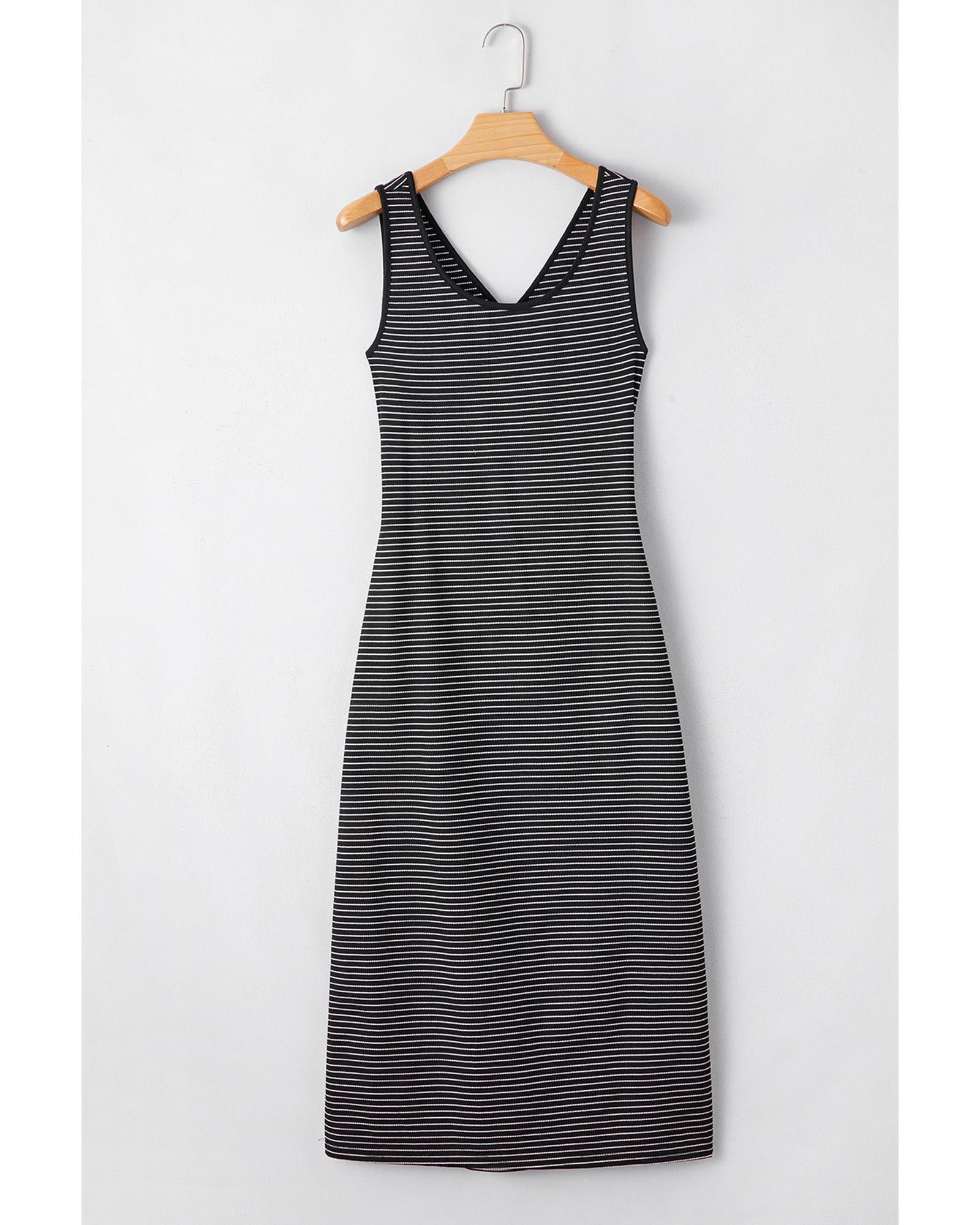 Black Stripe Criss Cross Side Slits Slim Fit Sleeveless Midi Dress - XL 6