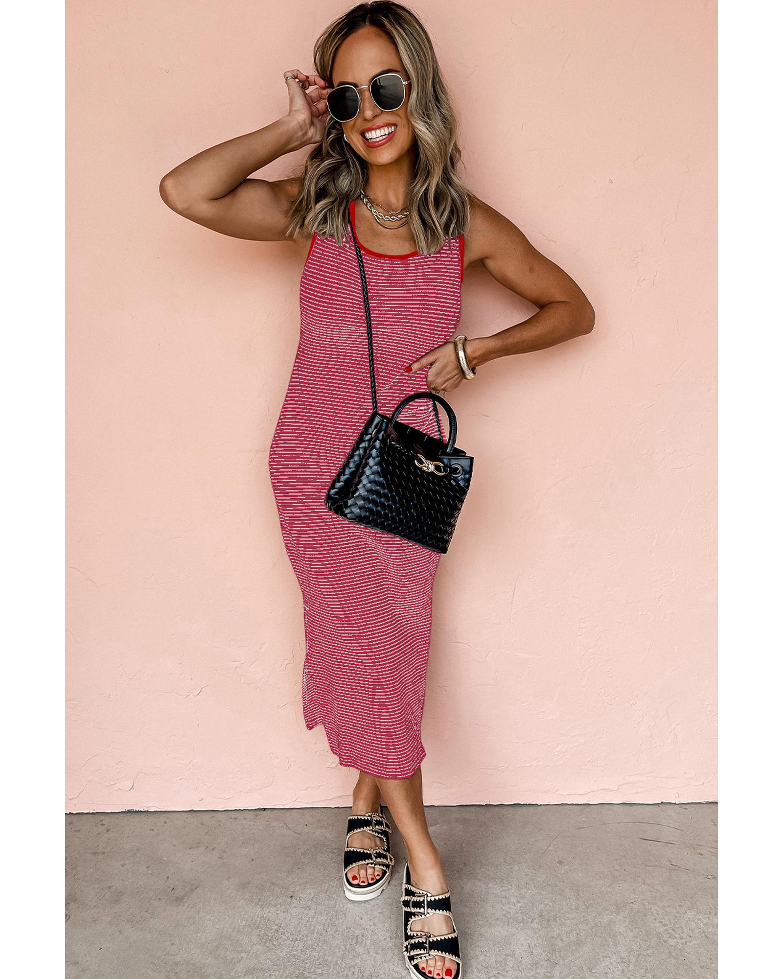 Red Stripe Criss Cross Side Slits Slim Fit Sleeveless Midi Dress - L 3