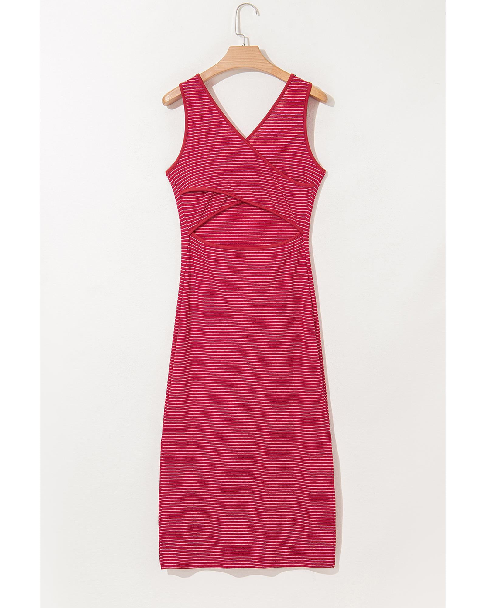 Red Stripe Criss Cross Side Slits Slim Fit Sleeveless Midi Dress - L 5