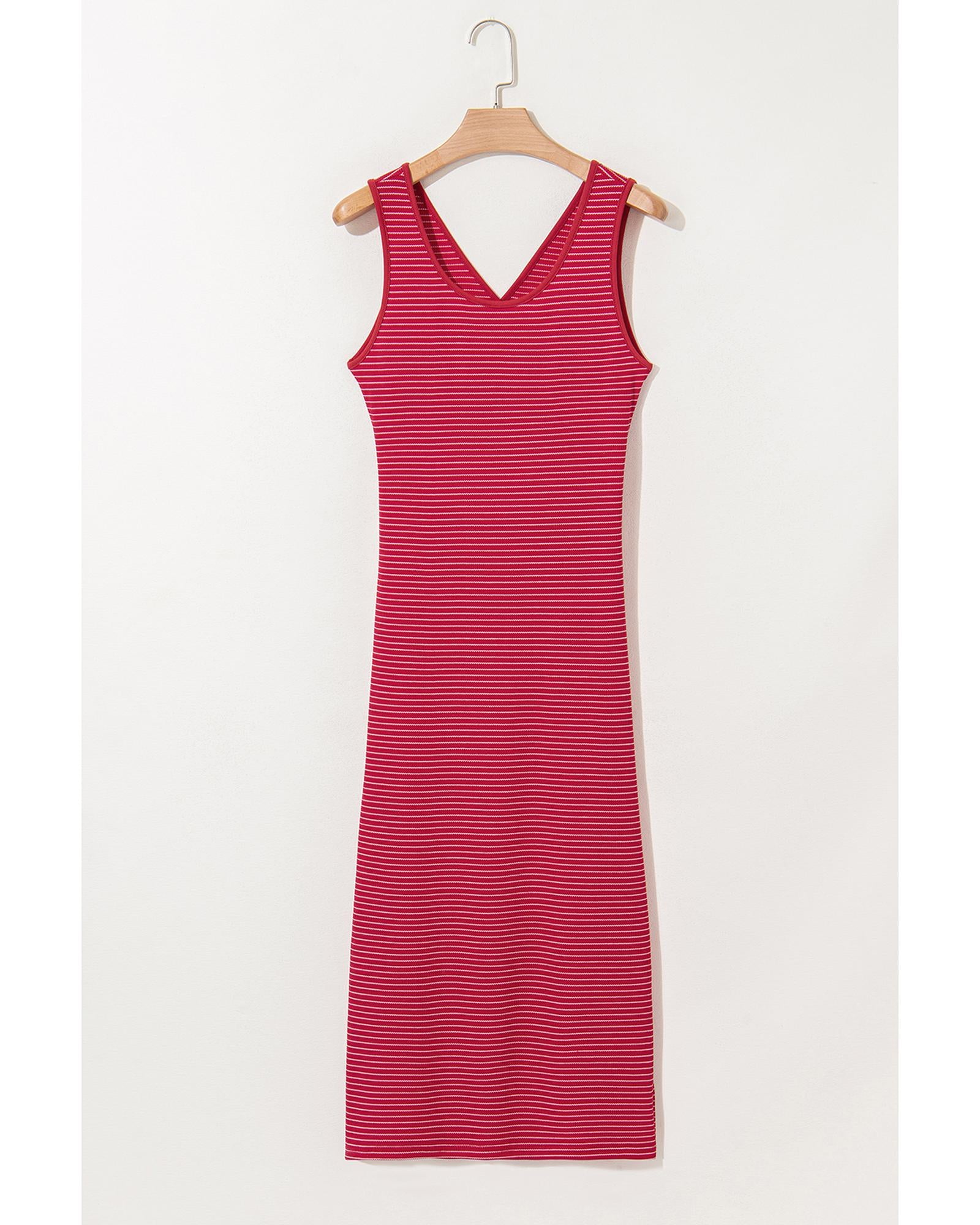 Red Stripe Criss Cross Side Slits Slim Fit Sleeveless Midi Dress - L 6